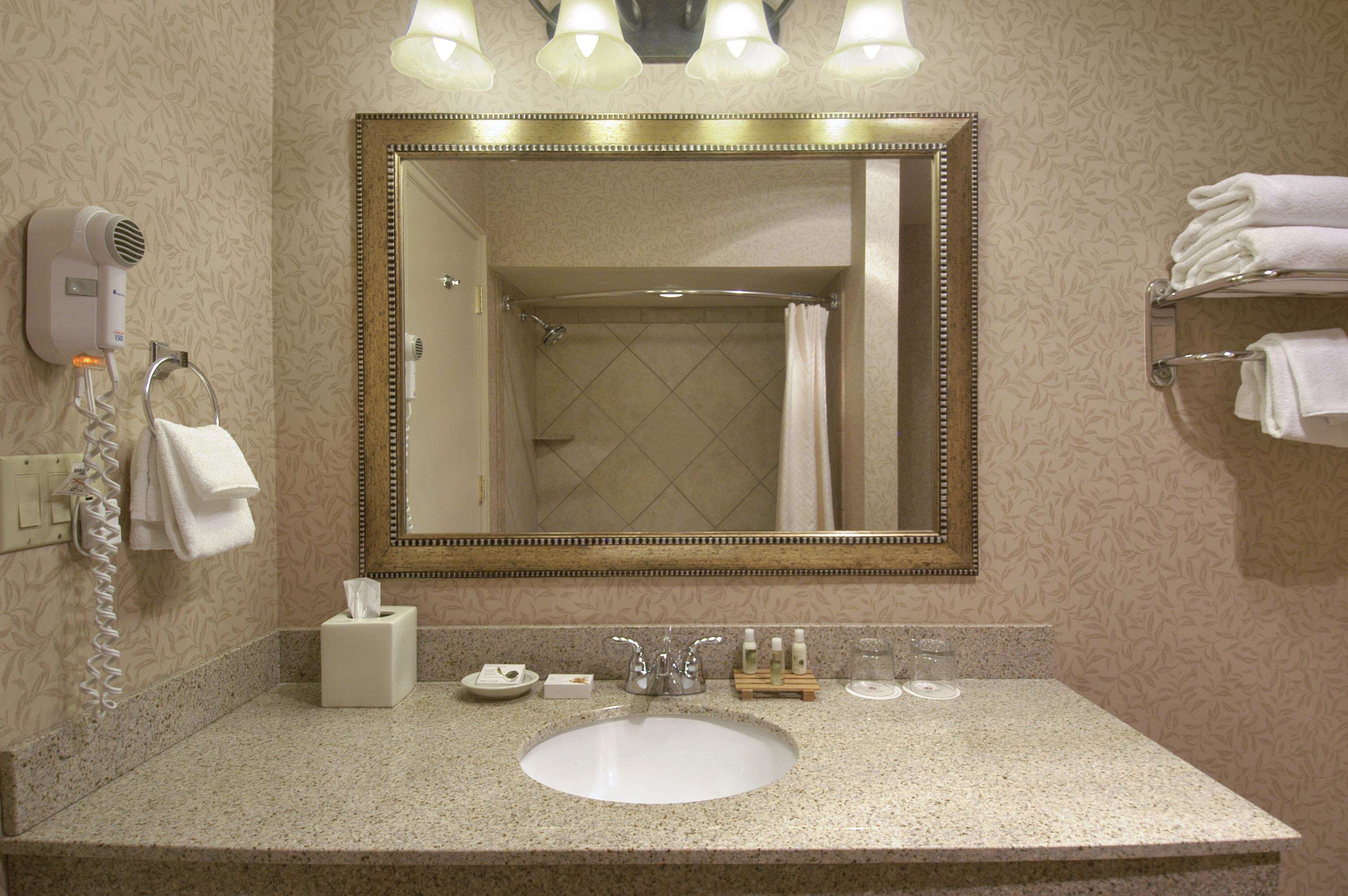 A bathroom with a sink, mirror, towel rack, and a hairdryer.