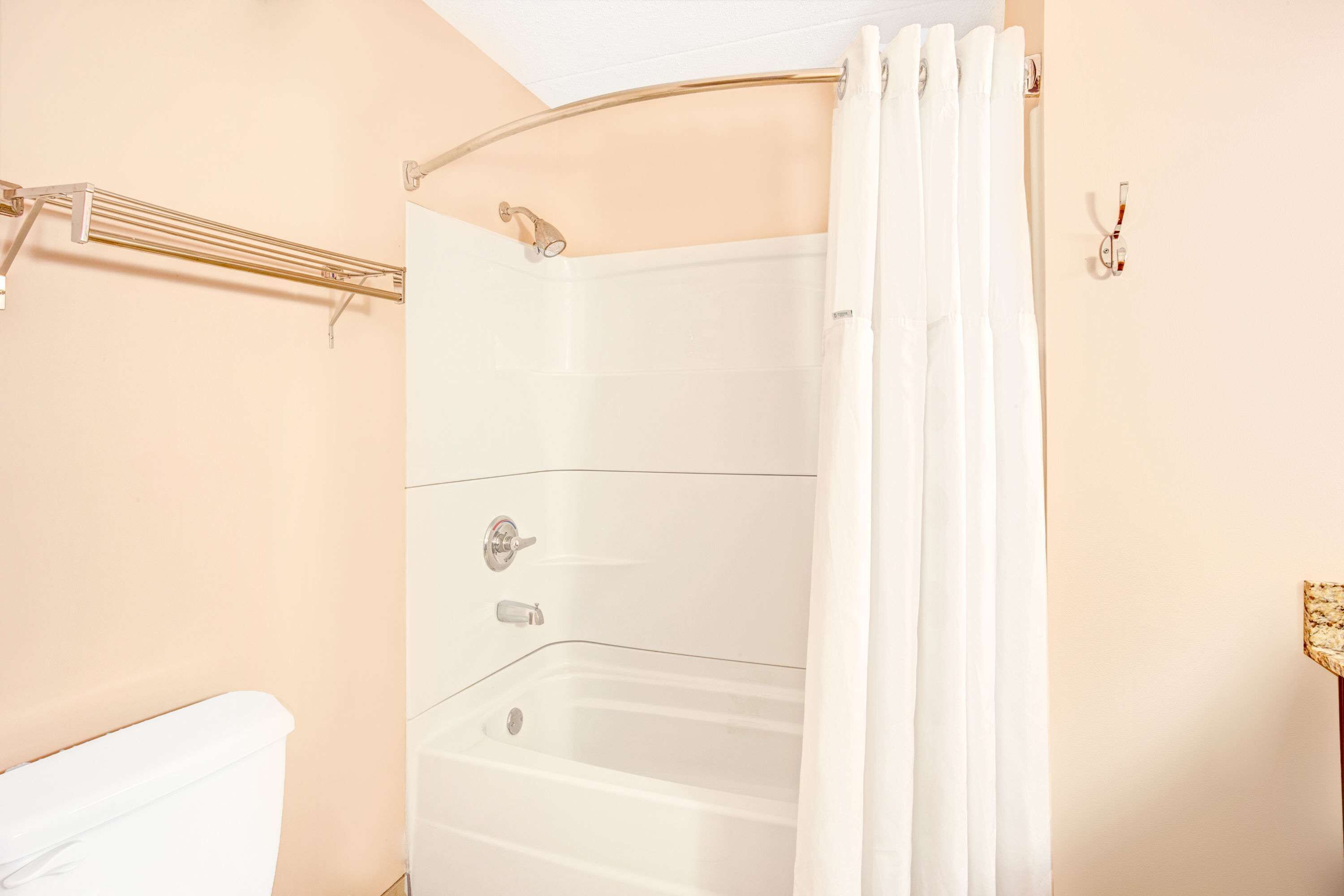 A bathroom with a shower, a toilet, and a towel rack.