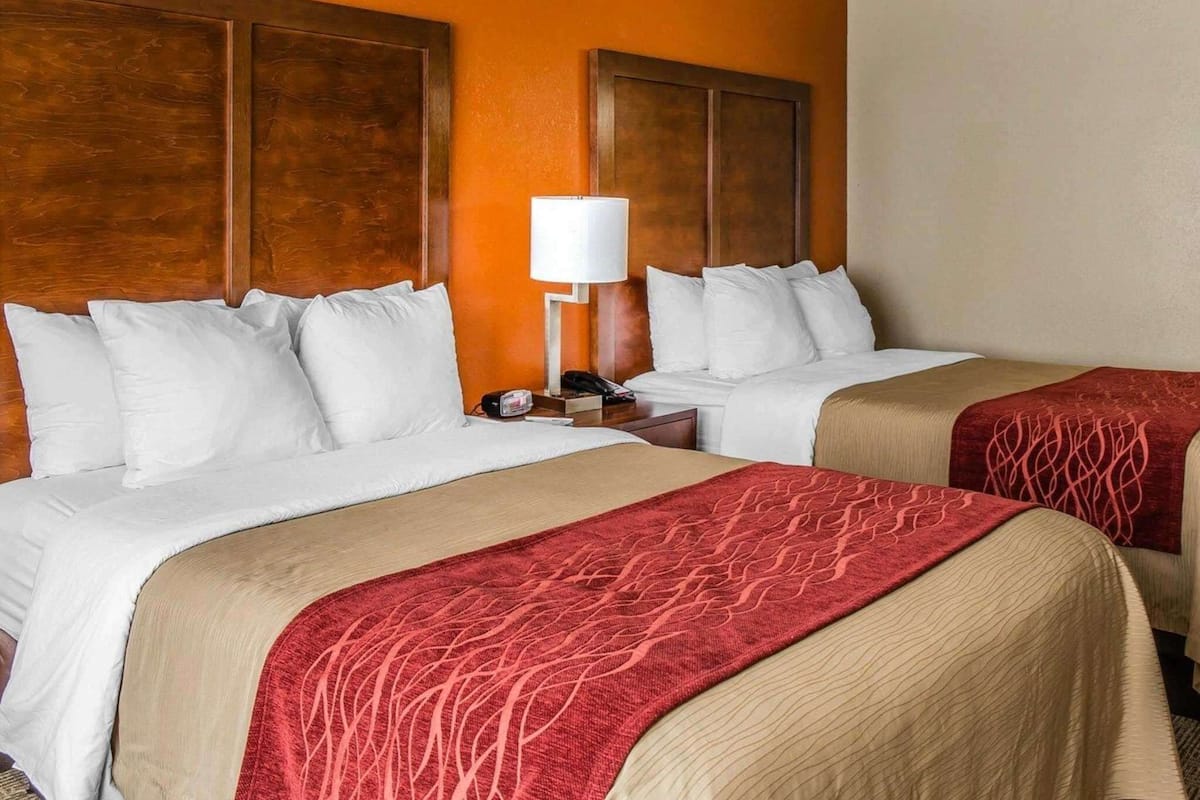 Een hotelkamer met twee bedden, een nachtkastje, een lamp en een rode gebogen deken met patroon.