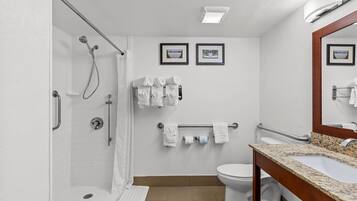 Un baño moderno con ducha, inodoro y lavamanos, equipado con barras de apoyo y un perchero para toallas.