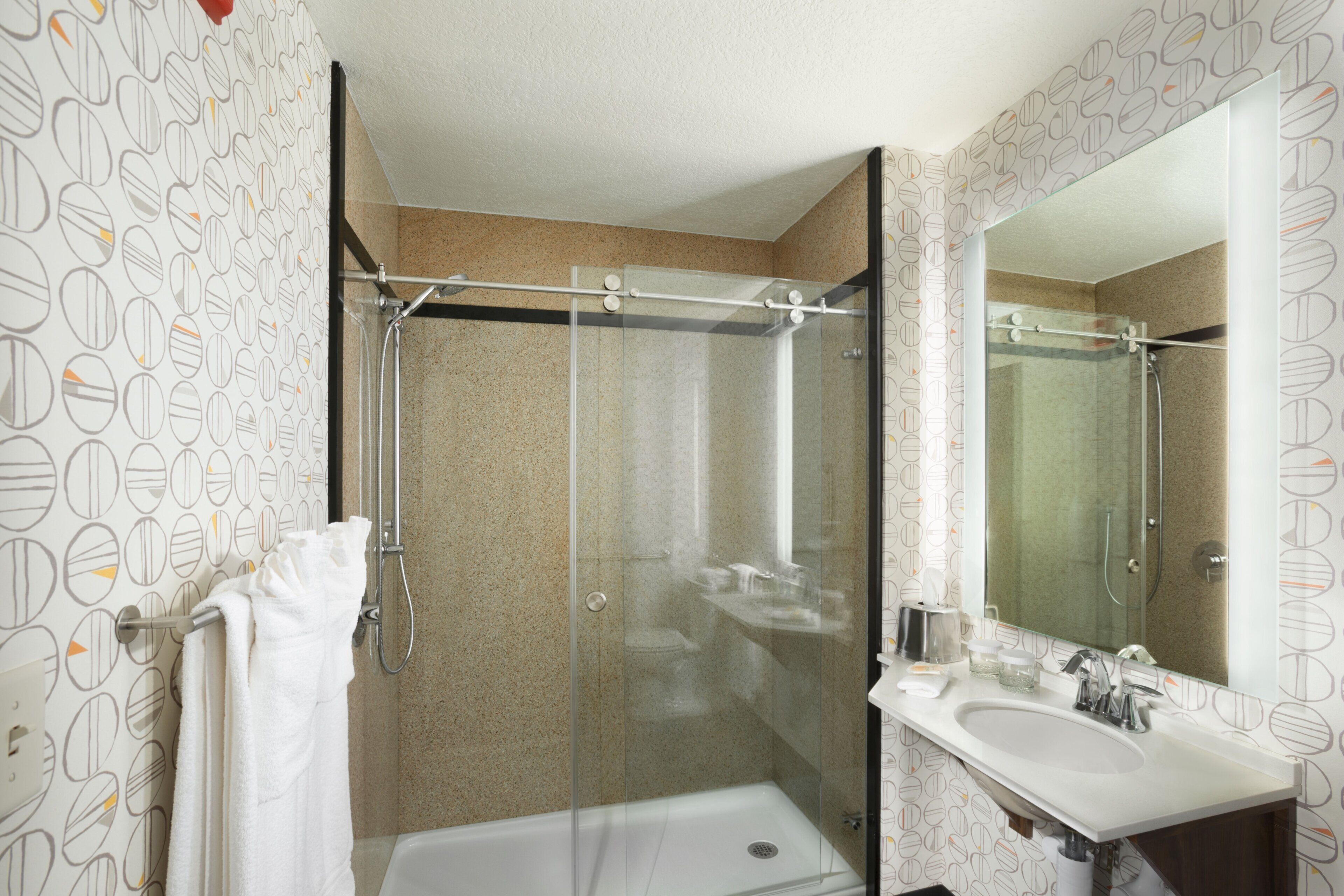 Une salle de bain avec une douche à parois de verre, un lavabo blanc et un miroir.