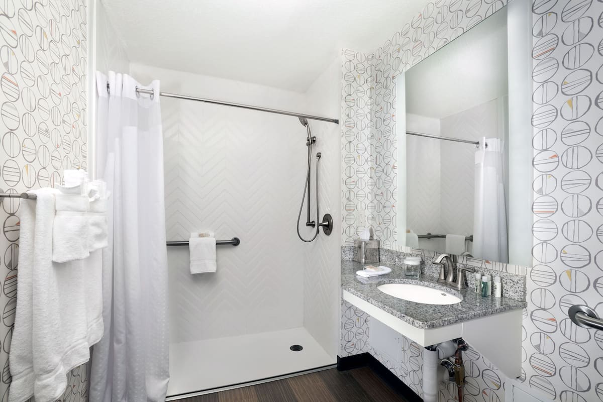 combined shower/bathtub, free toiletries, hair dryer, towels