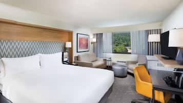 A hotel room with a large bed, a desk with a chair, a television, and a view of the outdoors.