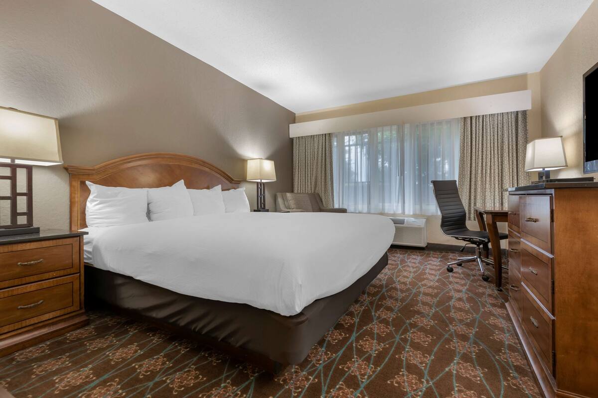 A hotel room with a large bed, a desk with a chair, a dresser, and a TV.