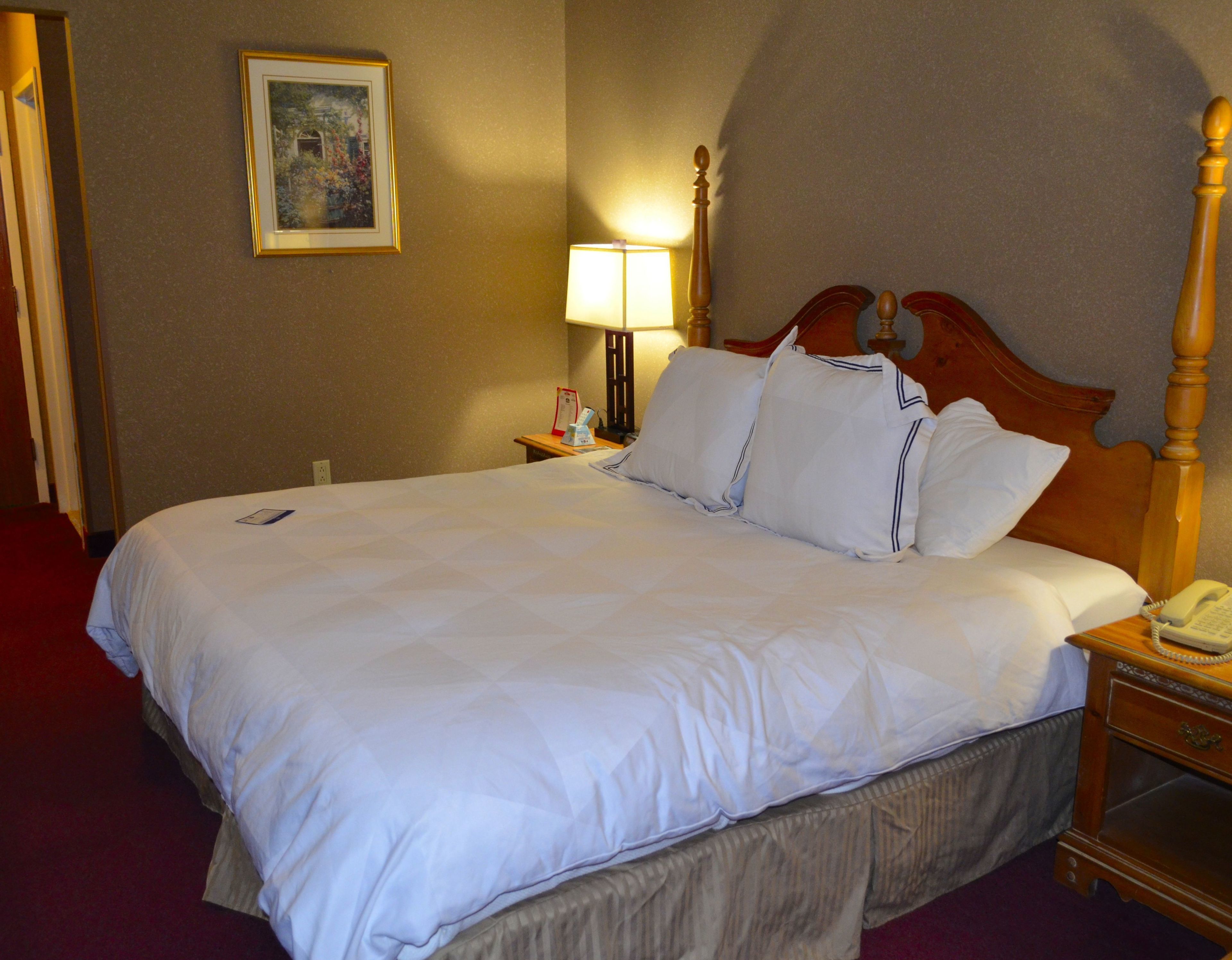 Een hotelkamer met een net opgemaakt bed, een bedlampje, een nachtkastje met een telefoon en een ingelijste foto aan de muur.