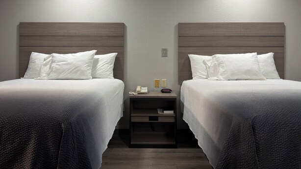 Habitación de hotel con dos camas, una mesita de noche, un teléfono y un enchufe.