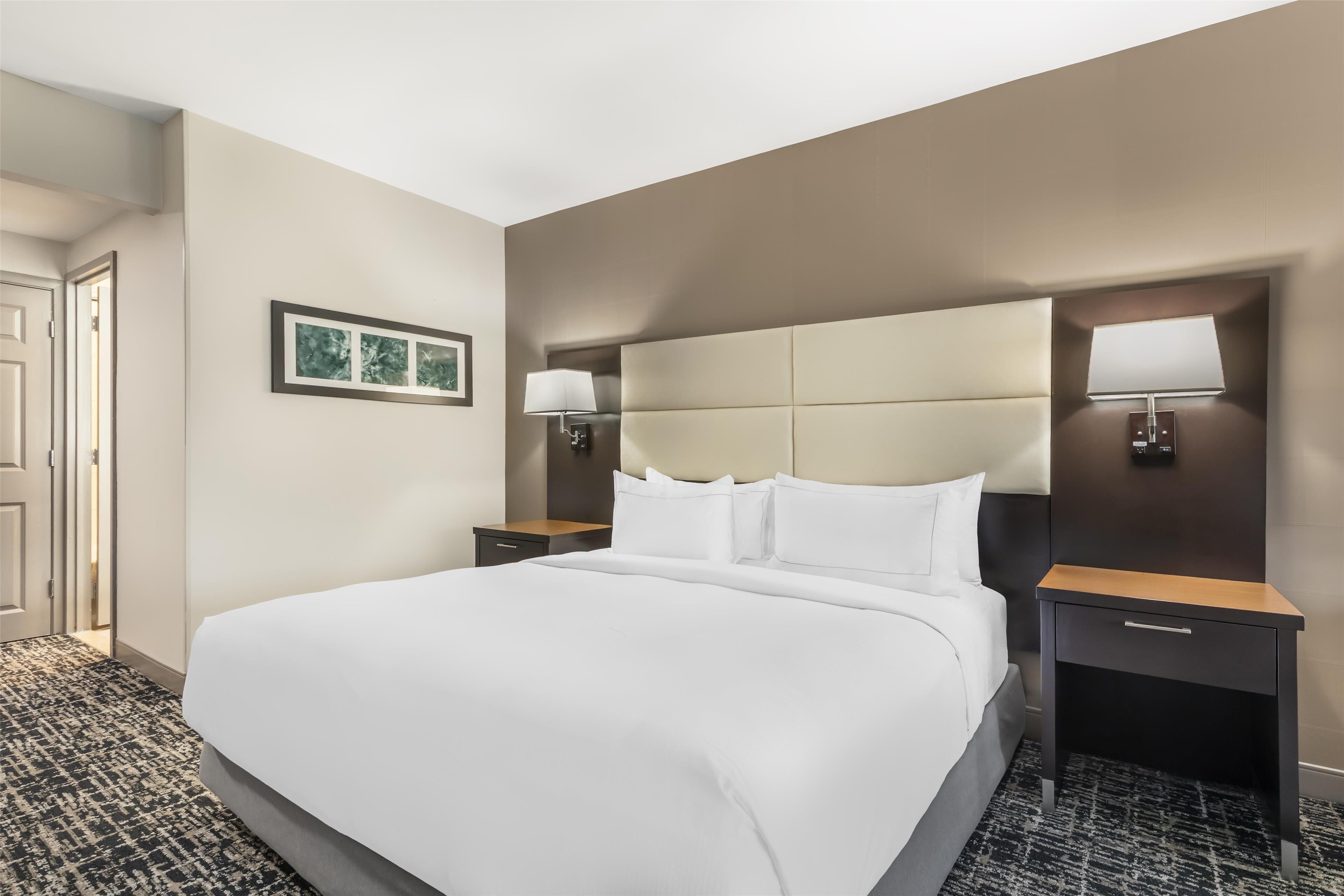 Una habitación de hotel con una cama grande, dos mesitas de noche con lámparas, un cuadro en la pared y piso alfombrado.