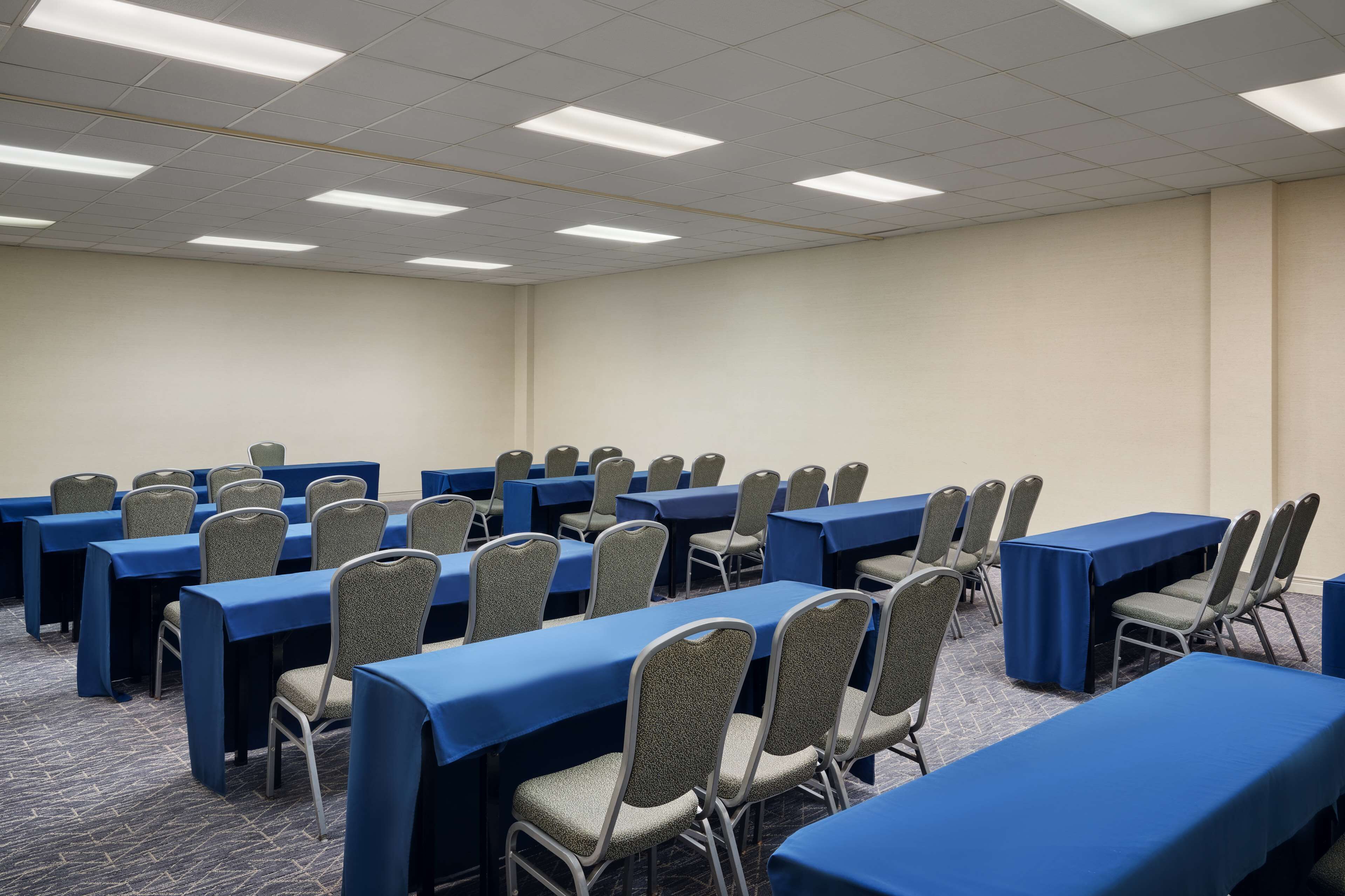 A conference room with rows of tables and chairs, equipped with ceiling lights and carpeted flooring.