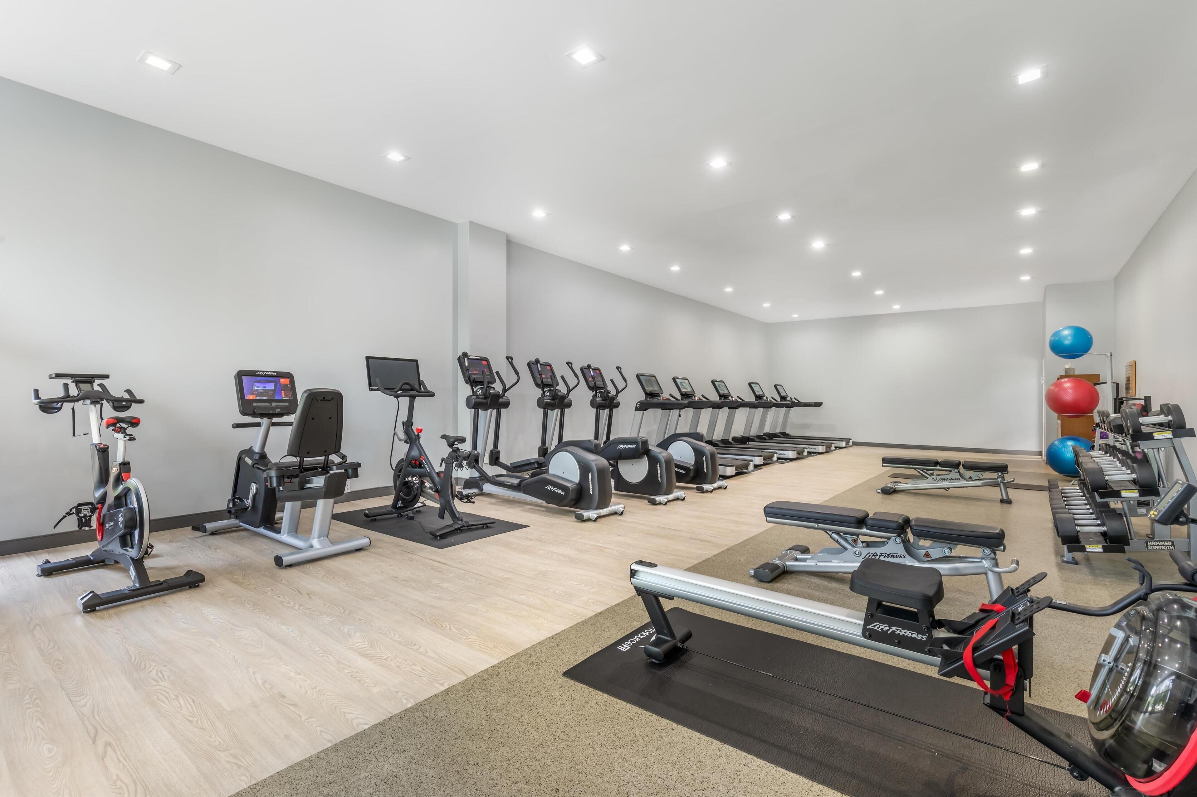 A modern gym with various cardio machines, weight benches, and dumbbells.