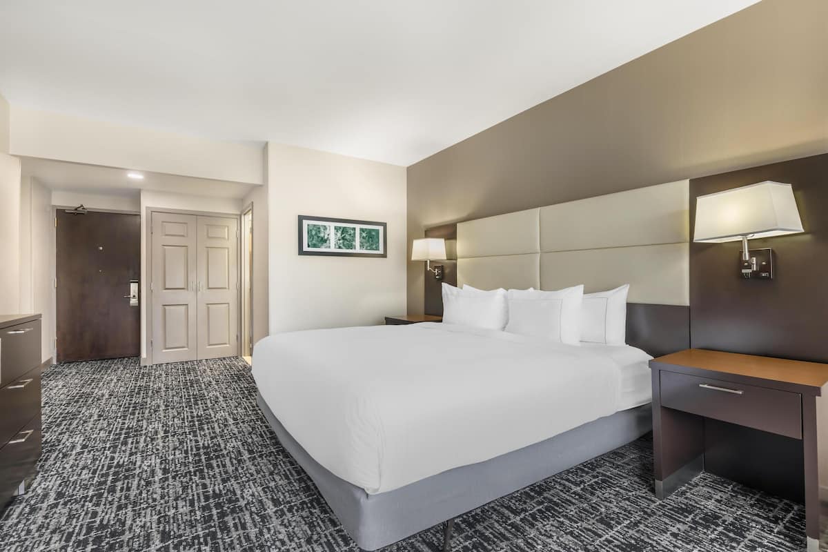 A hotel room with a large bed, a bedside table, a nightstand, a desk, and a chair. There is a door leading to another room and a framed picture on the wall.