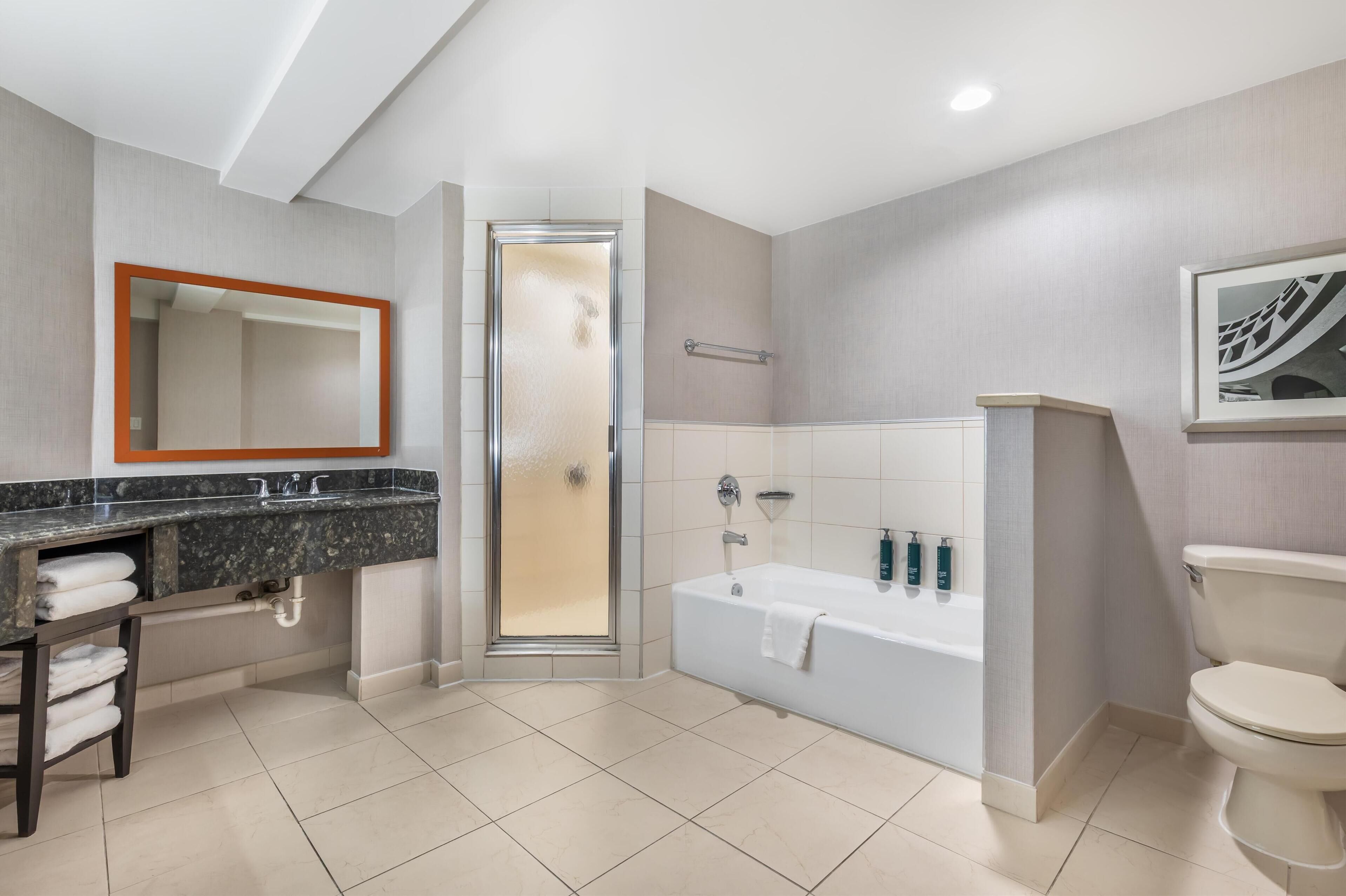 A modern bathroom with a shower, bathtub, and toilet.