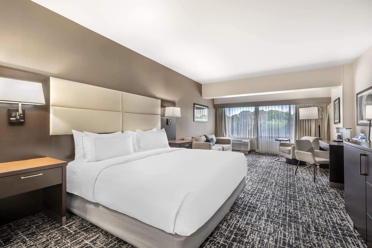 A hotel room with a large bed, a desk, a chair, a sofa, and a view of the city through the window.