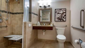 Un baño con ducha, inodoro, lavabo y espejo.