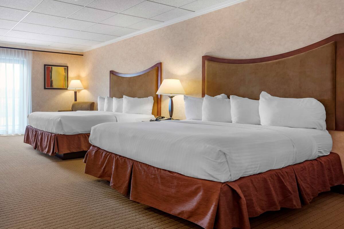 A hotel room with two beds, each with a brown headboard, white bedding, and a lamp between them.
