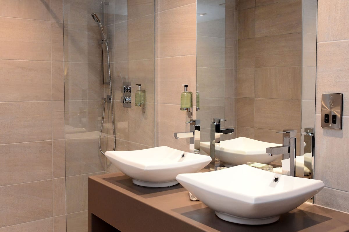 combined shower/bathtub, hair dryer, towels