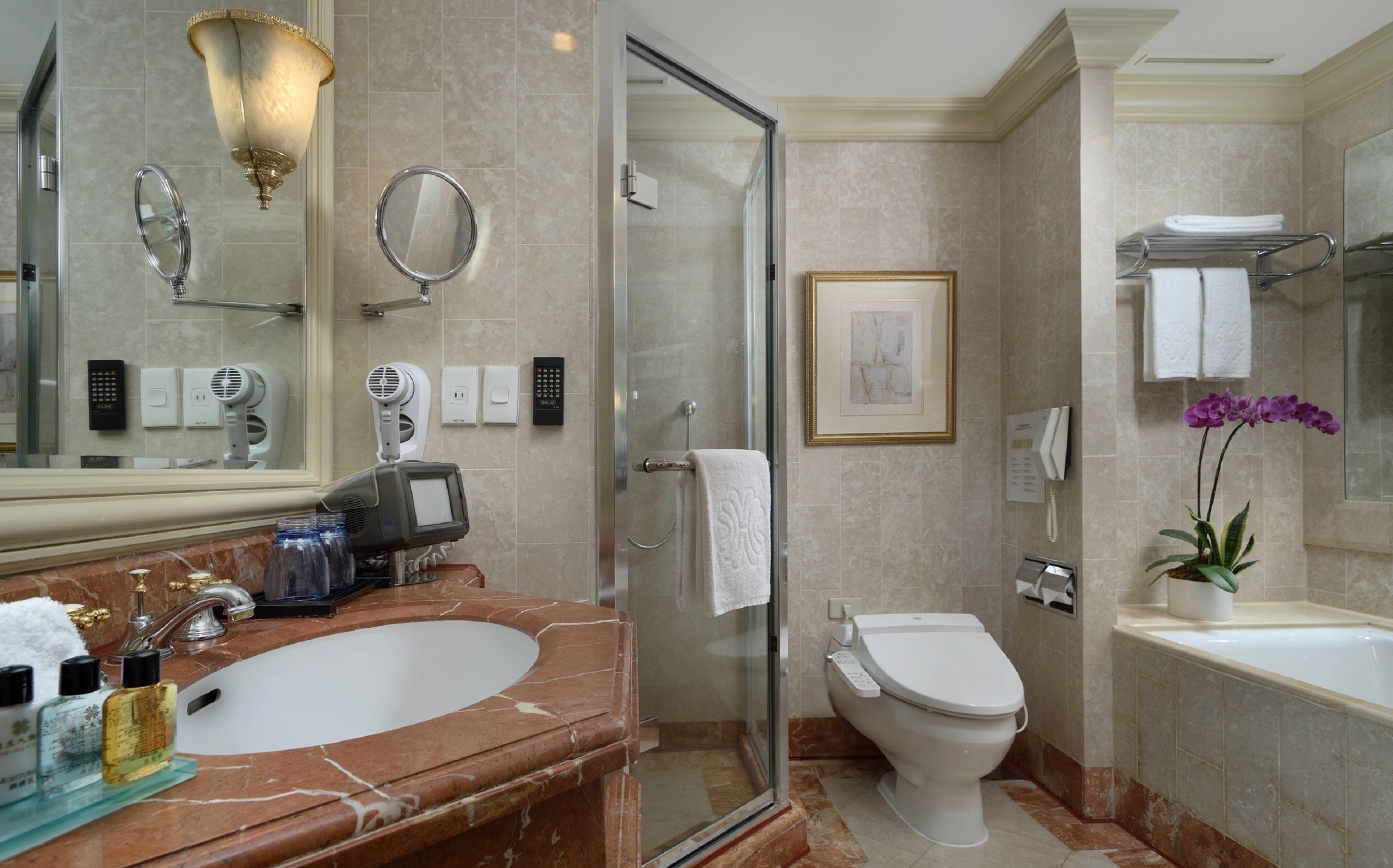 Separate bathtub and shower, rainfall showerhead, free toiletries