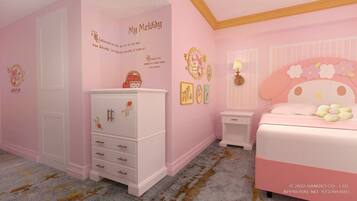 A pink-themed bedroom with a bed, dresser, nightstand, and wall decorations.