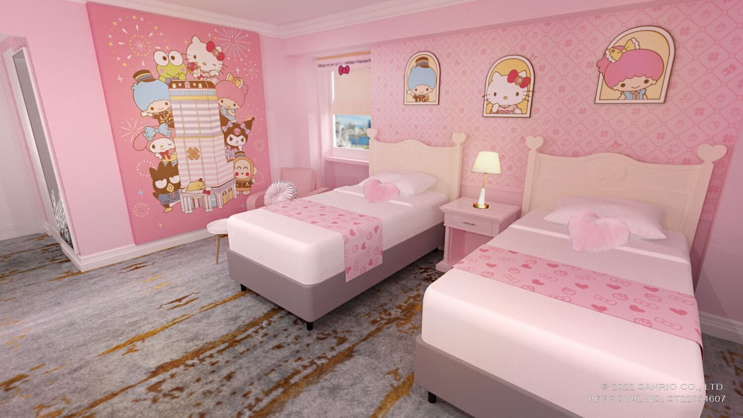 A pink-themed bedroom with two beds, a nightstand, a dresser, and a wall decorated with Hello Kitty characters.