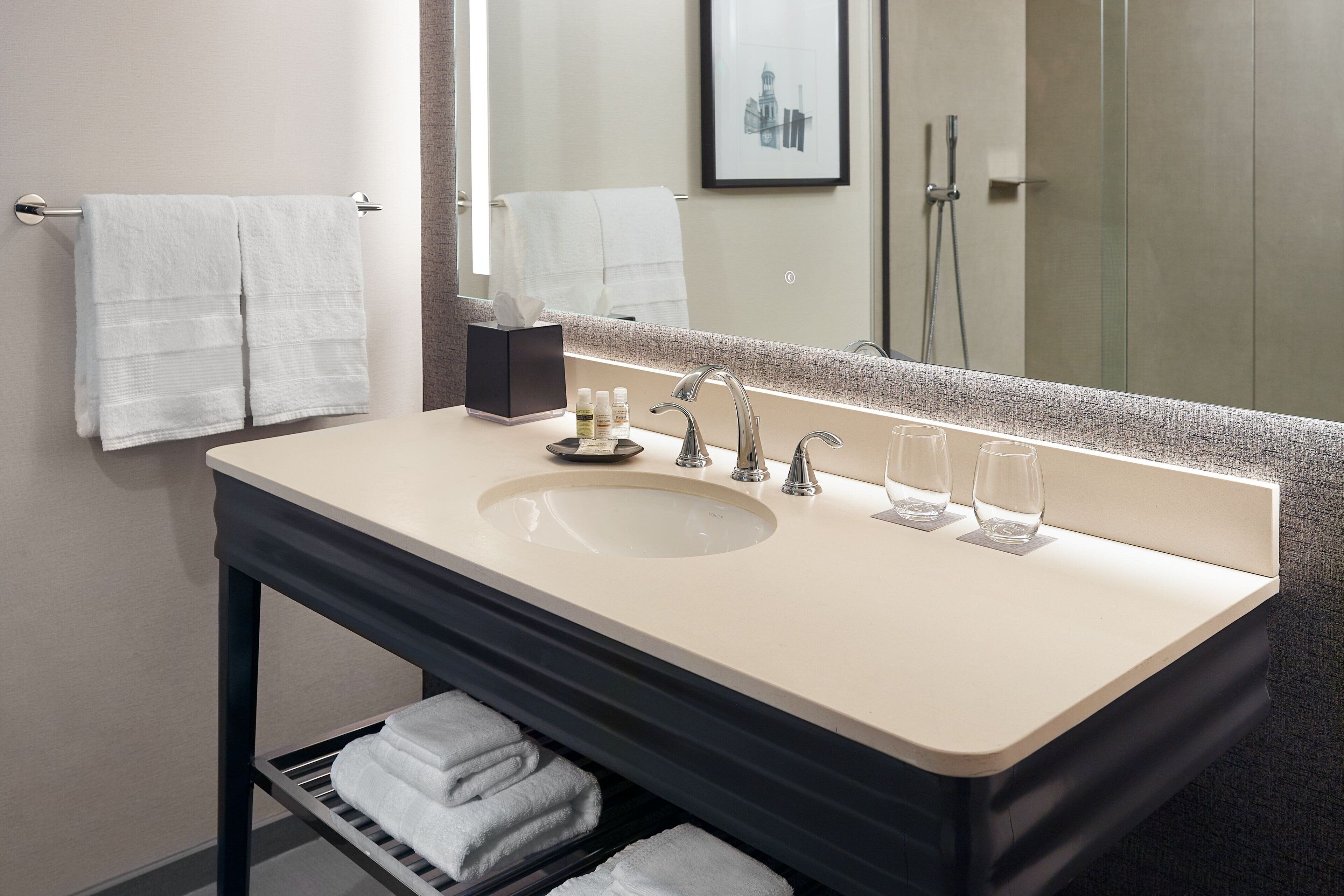 combined shower/bathtub, free toiletries, hair dryer, towels