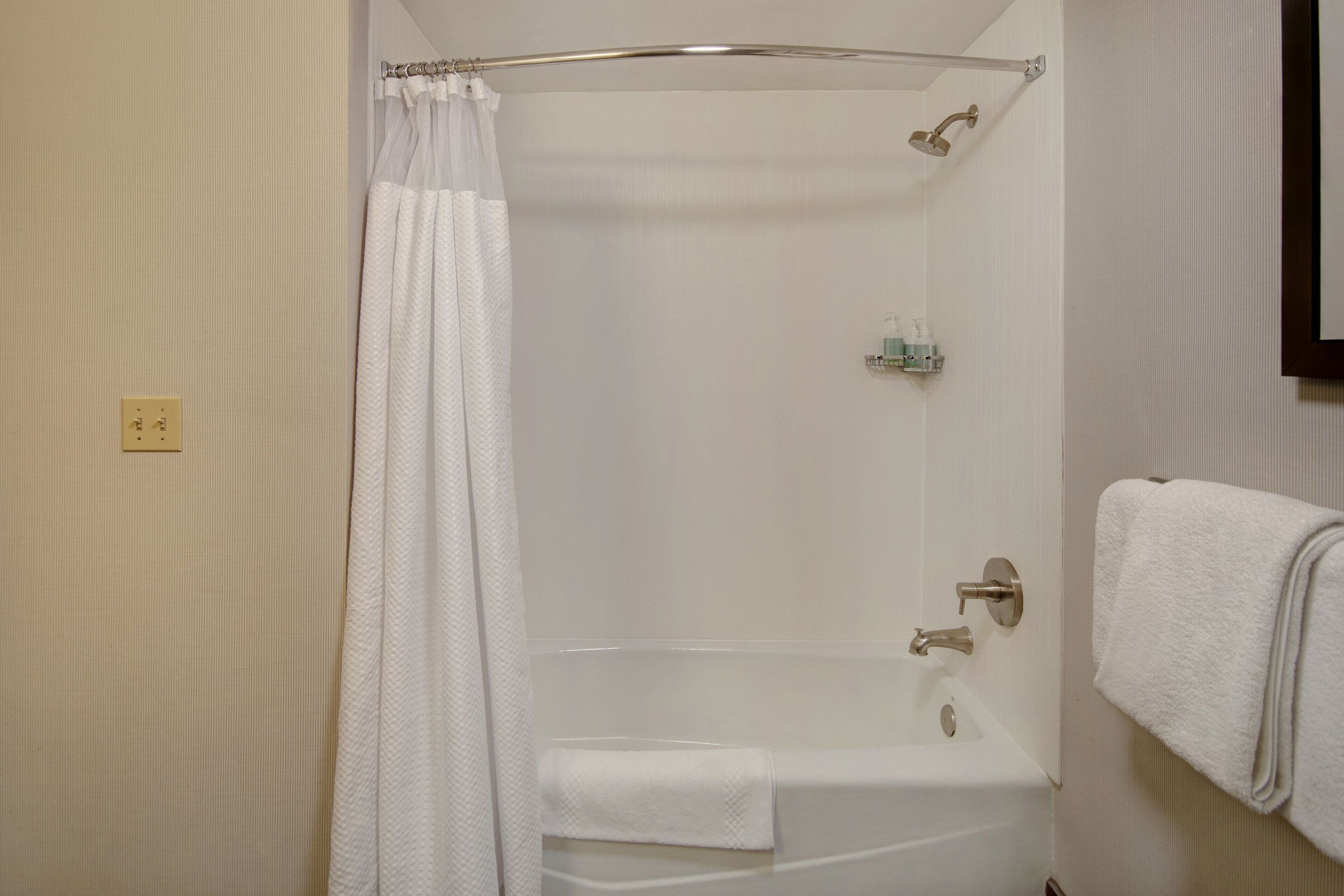 combined shower/bathtub, free toiletries, hair dryer, towels
