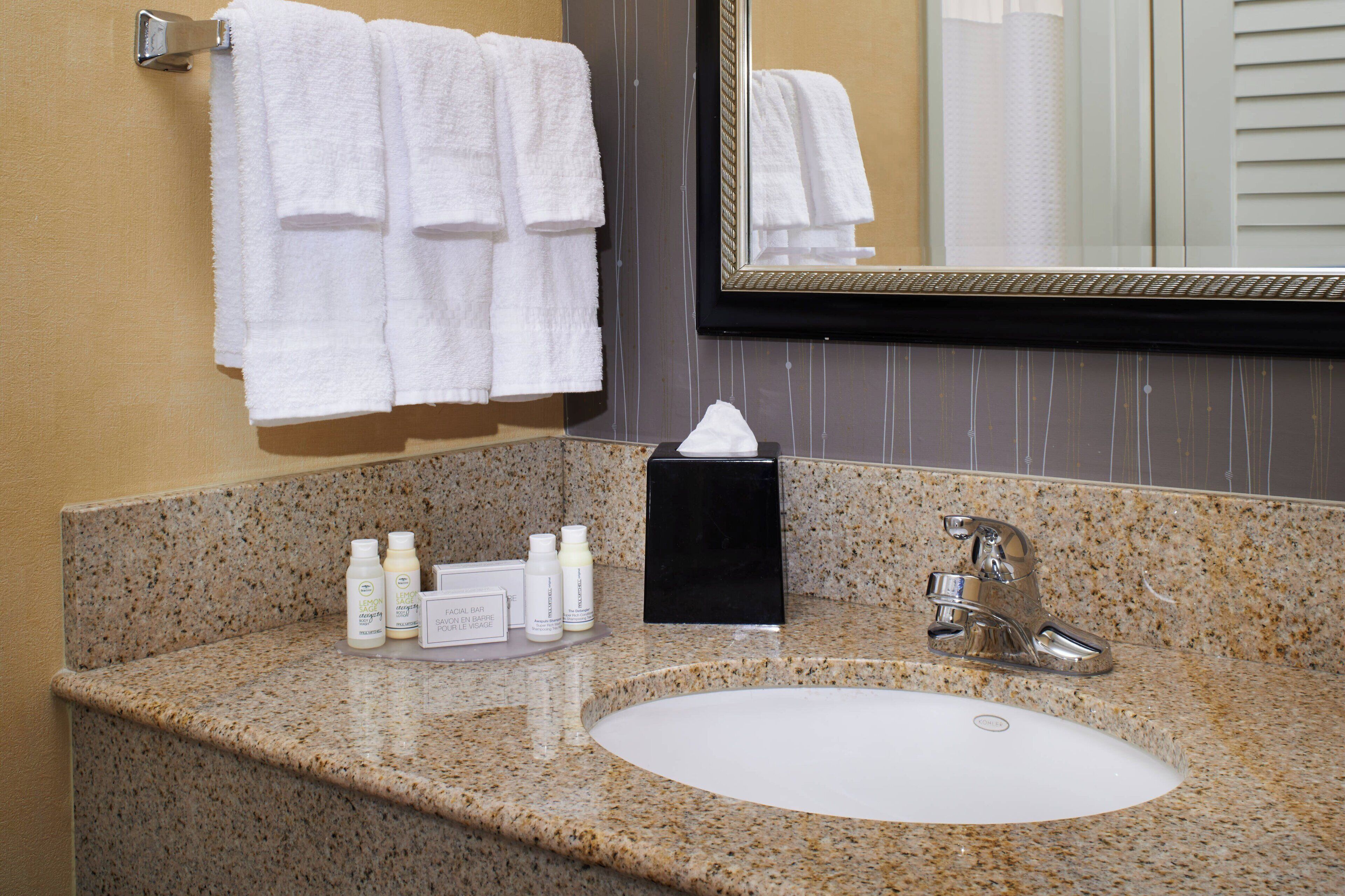 combined shower/bathtub, free toiletries, hair dryer, towels