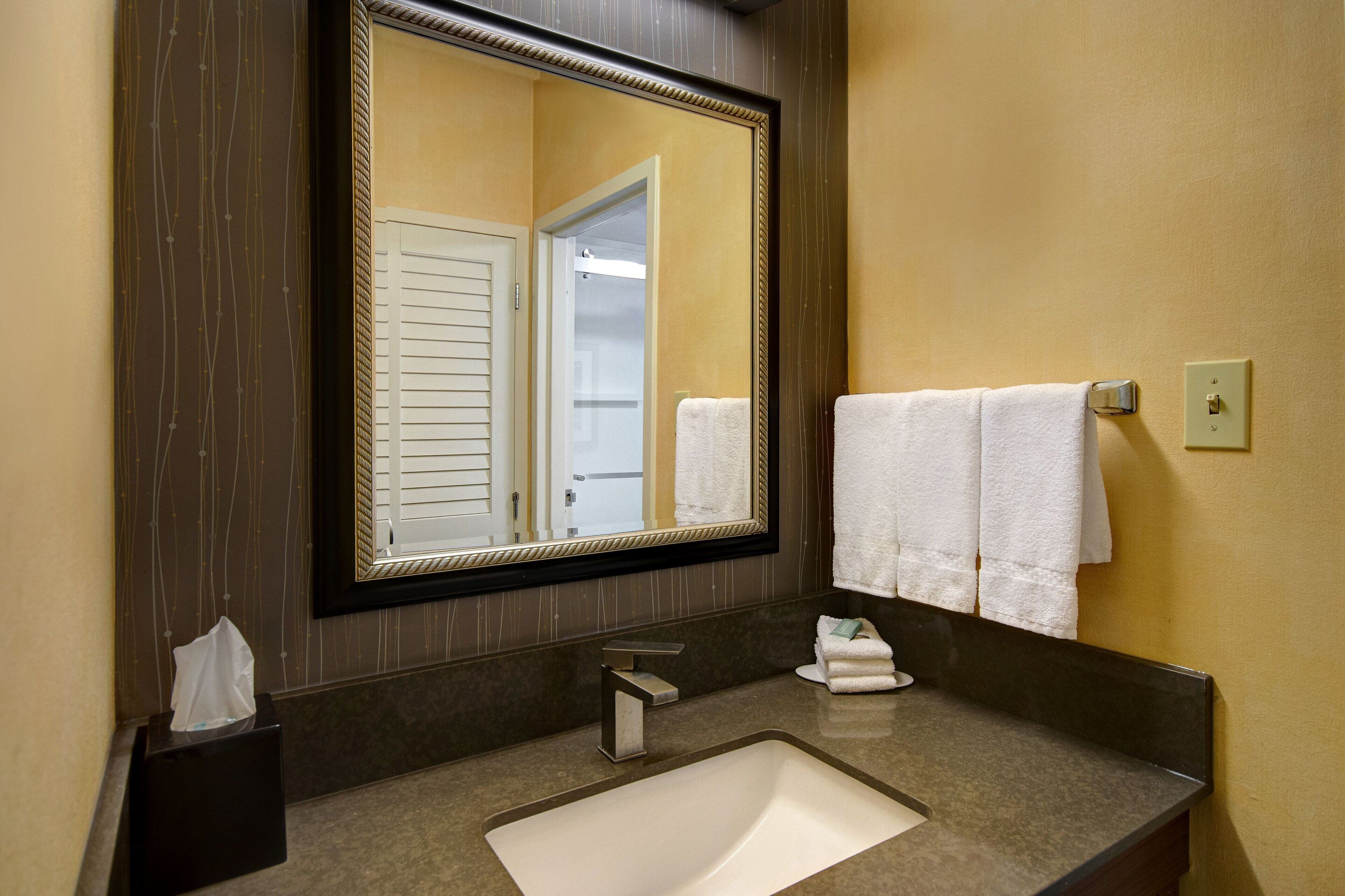 combined shower/bathtub, free toiletries, hair dryer, towels