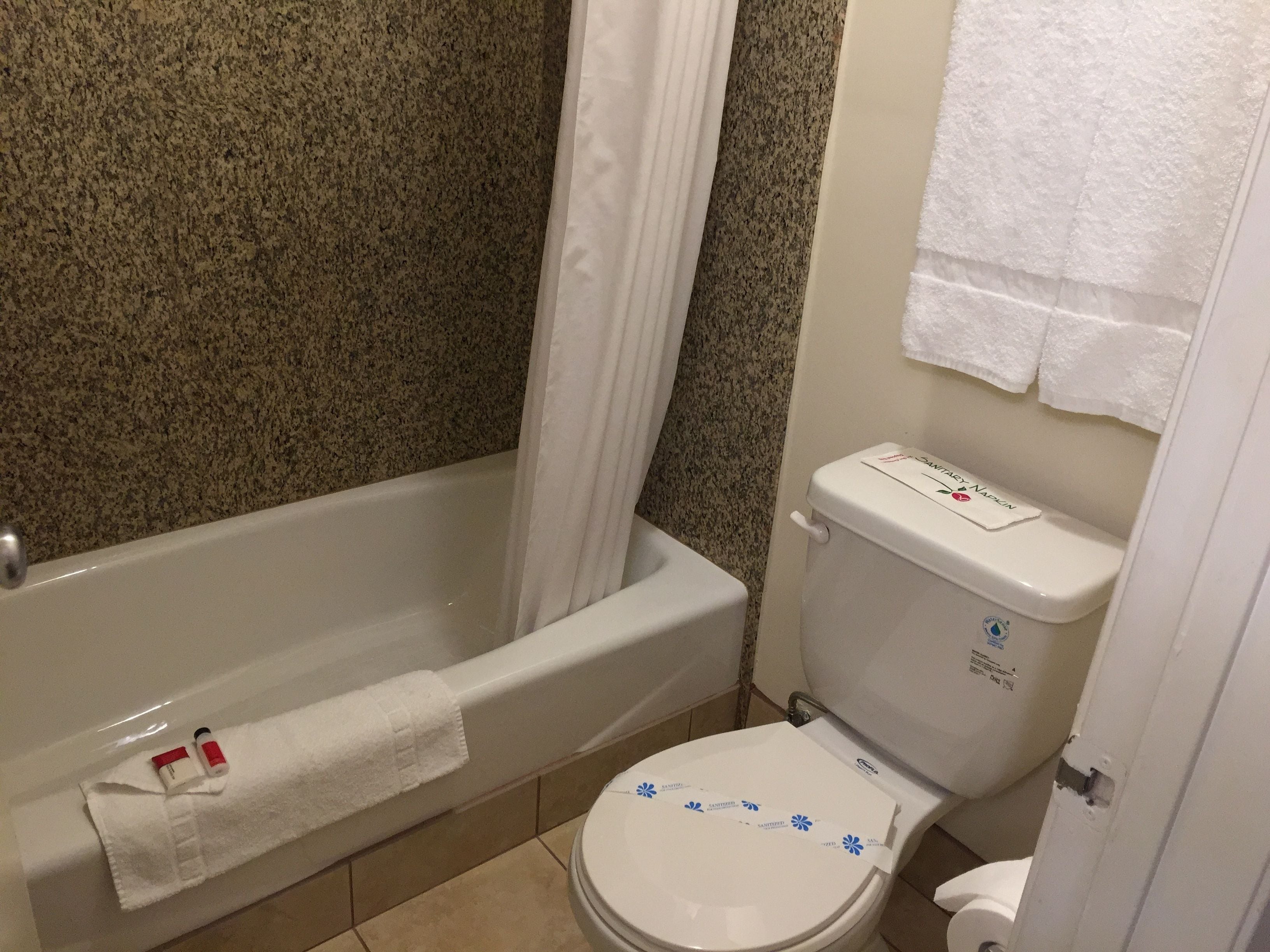 A bathroom with a bathtub, toilet, and shower curtain.