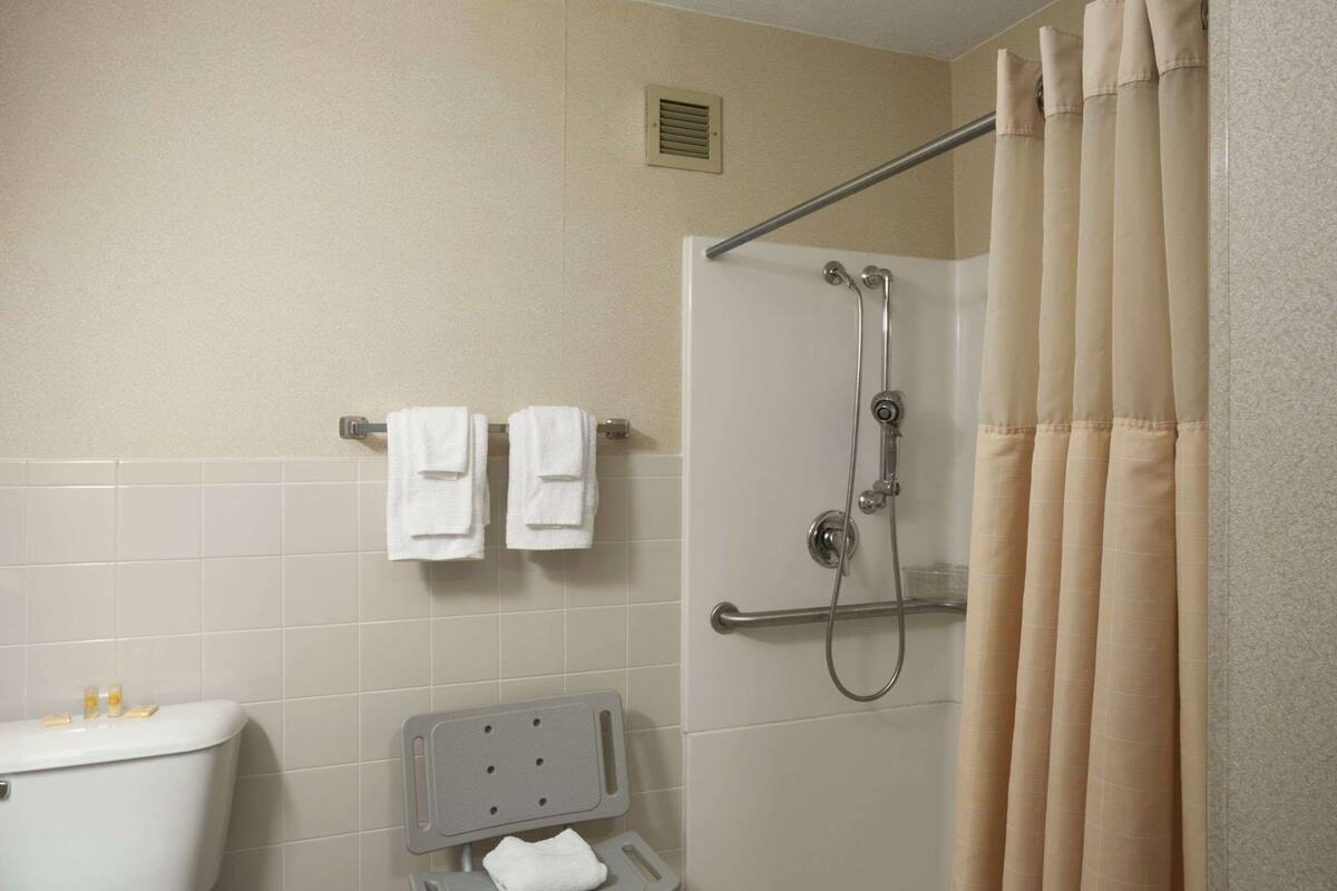 A bathroom with a shower, a toilet, and a grab bar.