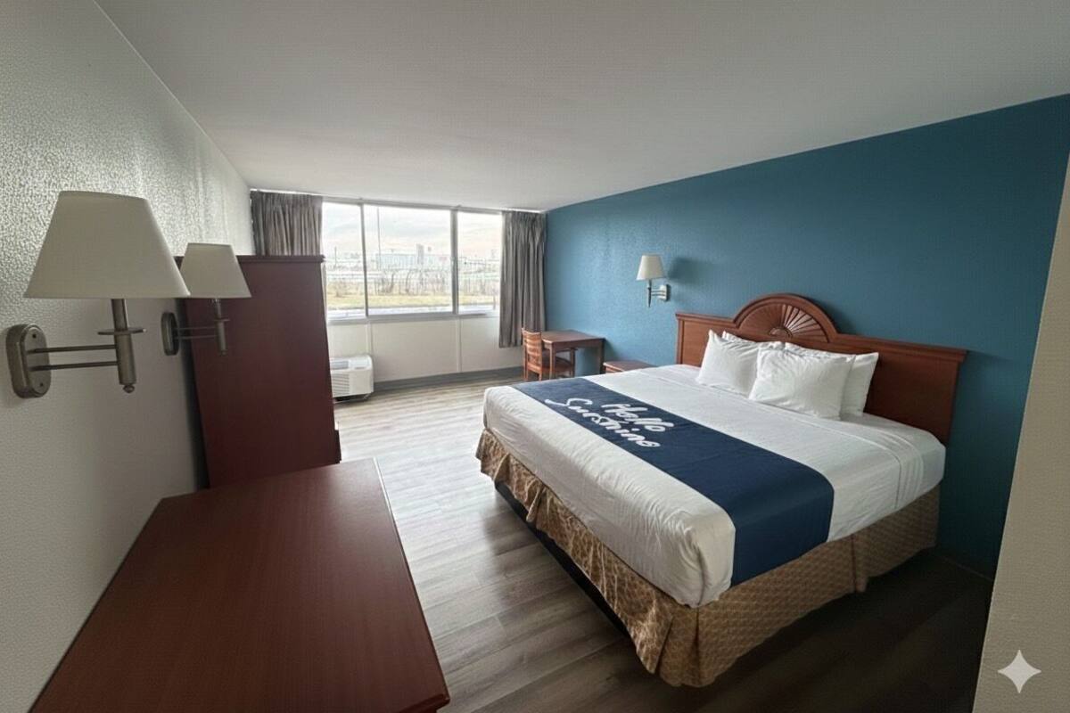 A hotel room with a bed, two bedside lamps, a desk, a chair, and a window with curtains.
