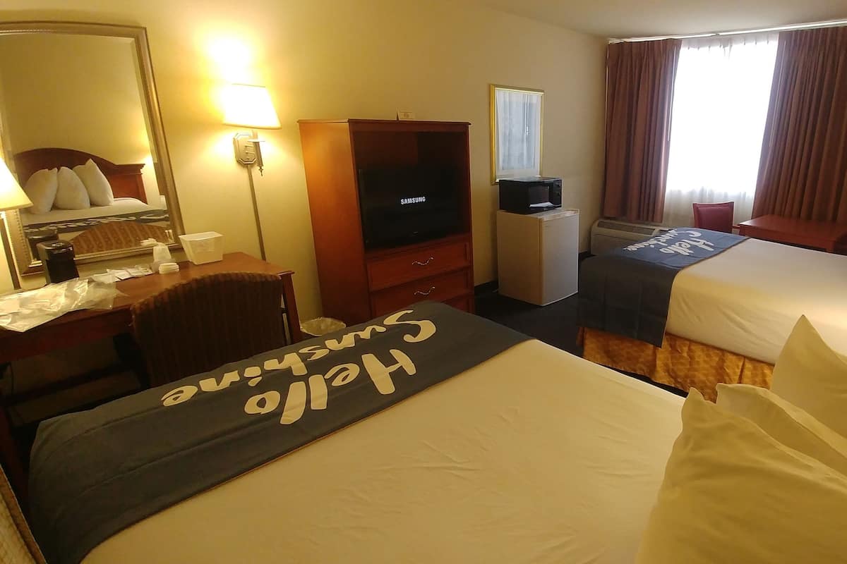 Room, 2 Double Beds, Non Smoking | In-room safe, desk, laptop workspace, blackout drapes