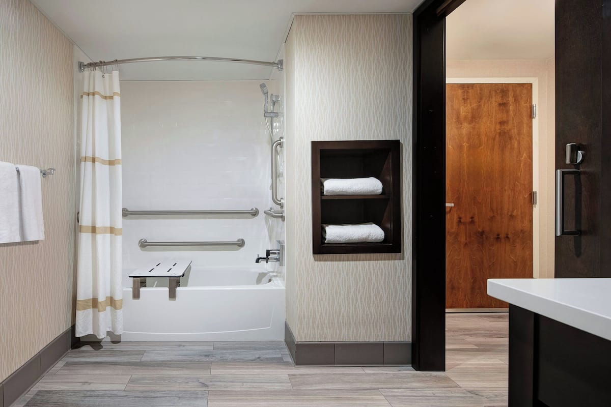 combined shower/bathtub, free toiletries, hair dryer, towels