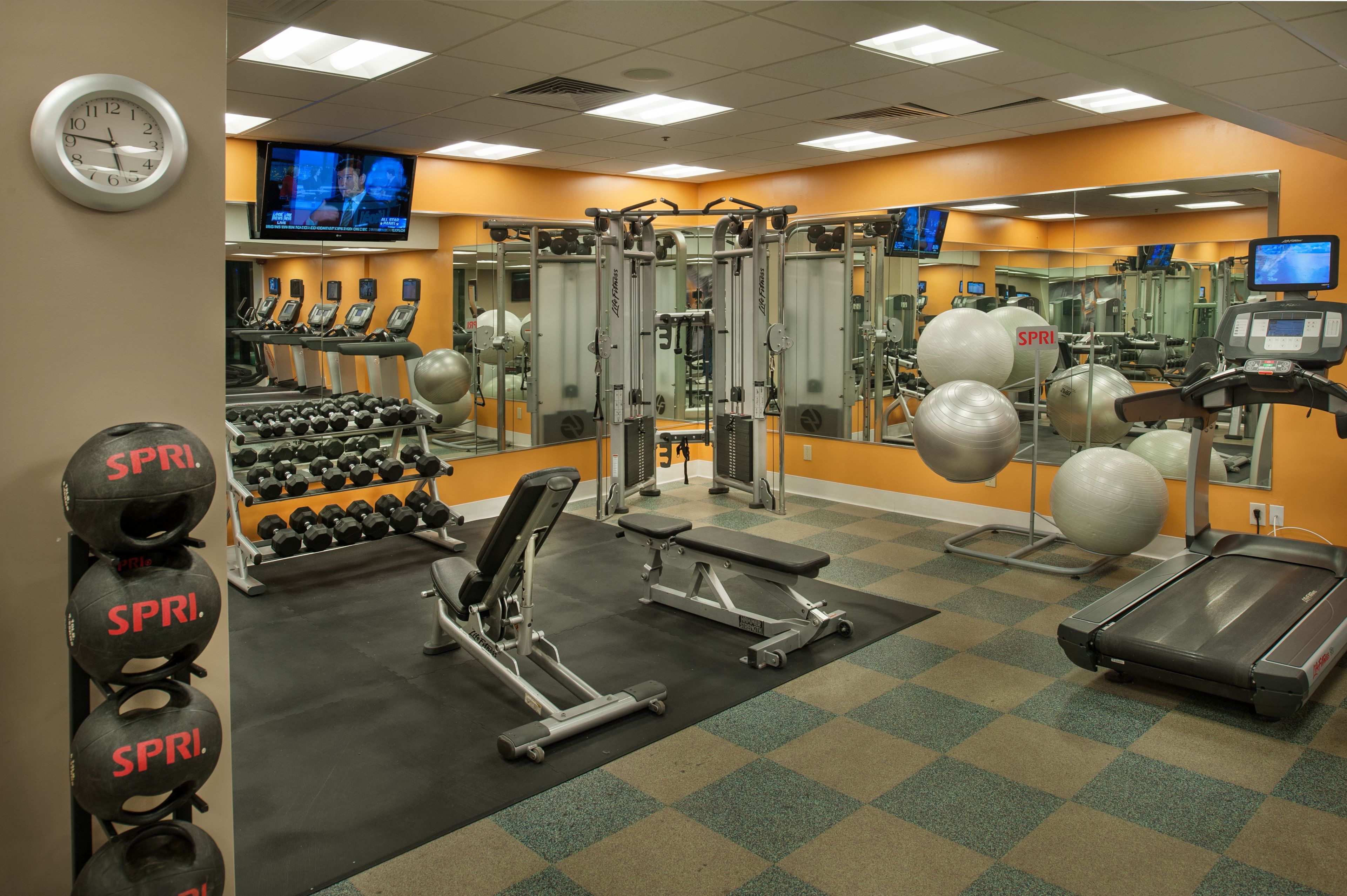A gym with cardio equipment, weight machines, and free weights.