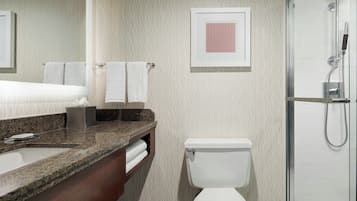 A modern bathroom with a granite countertop, a white toilet, a shower enclosure, and a framed picture on the wall.