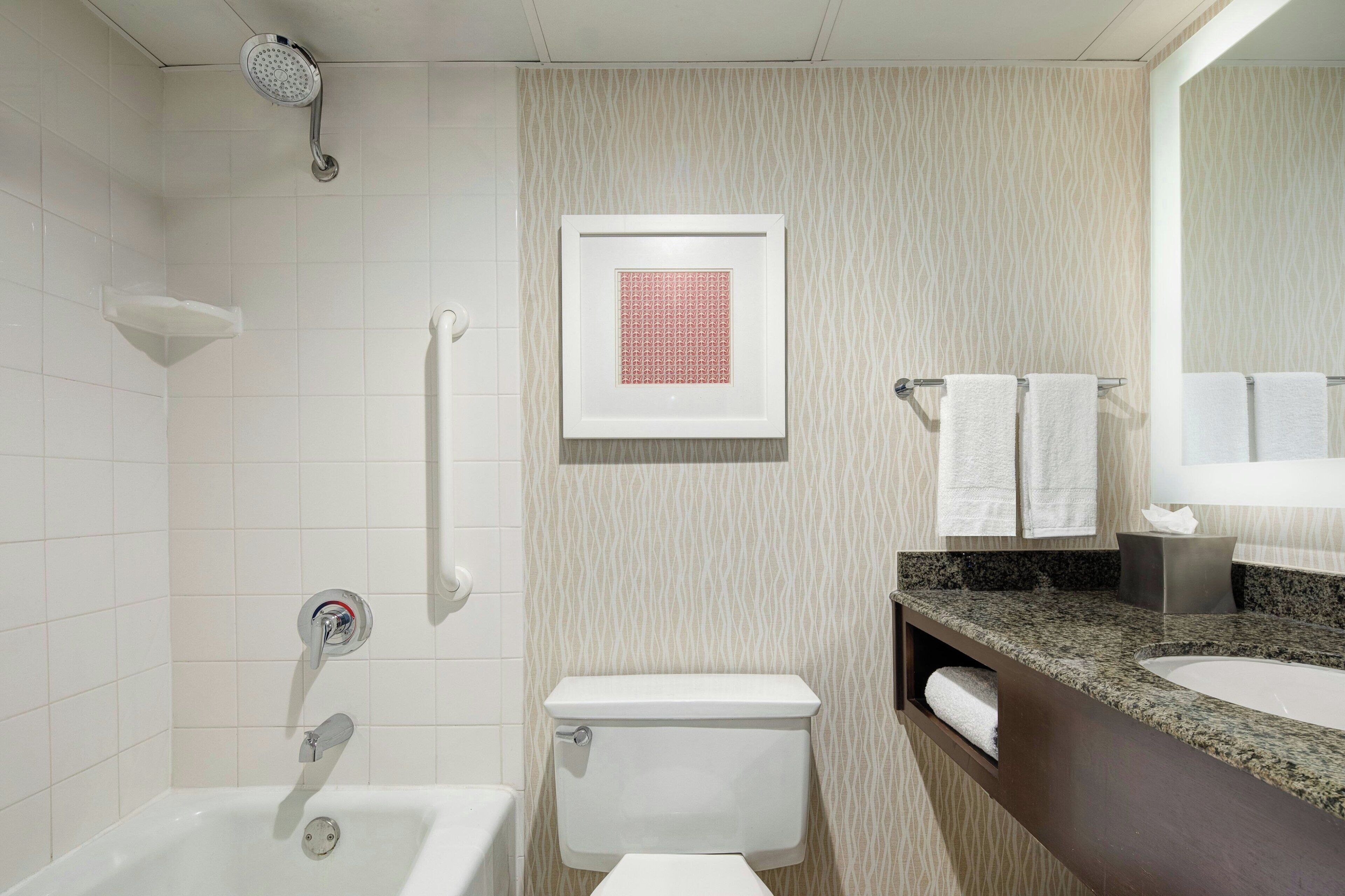 Un baño moderno con bañera, inodoro, tocador con lavabo y ducha.