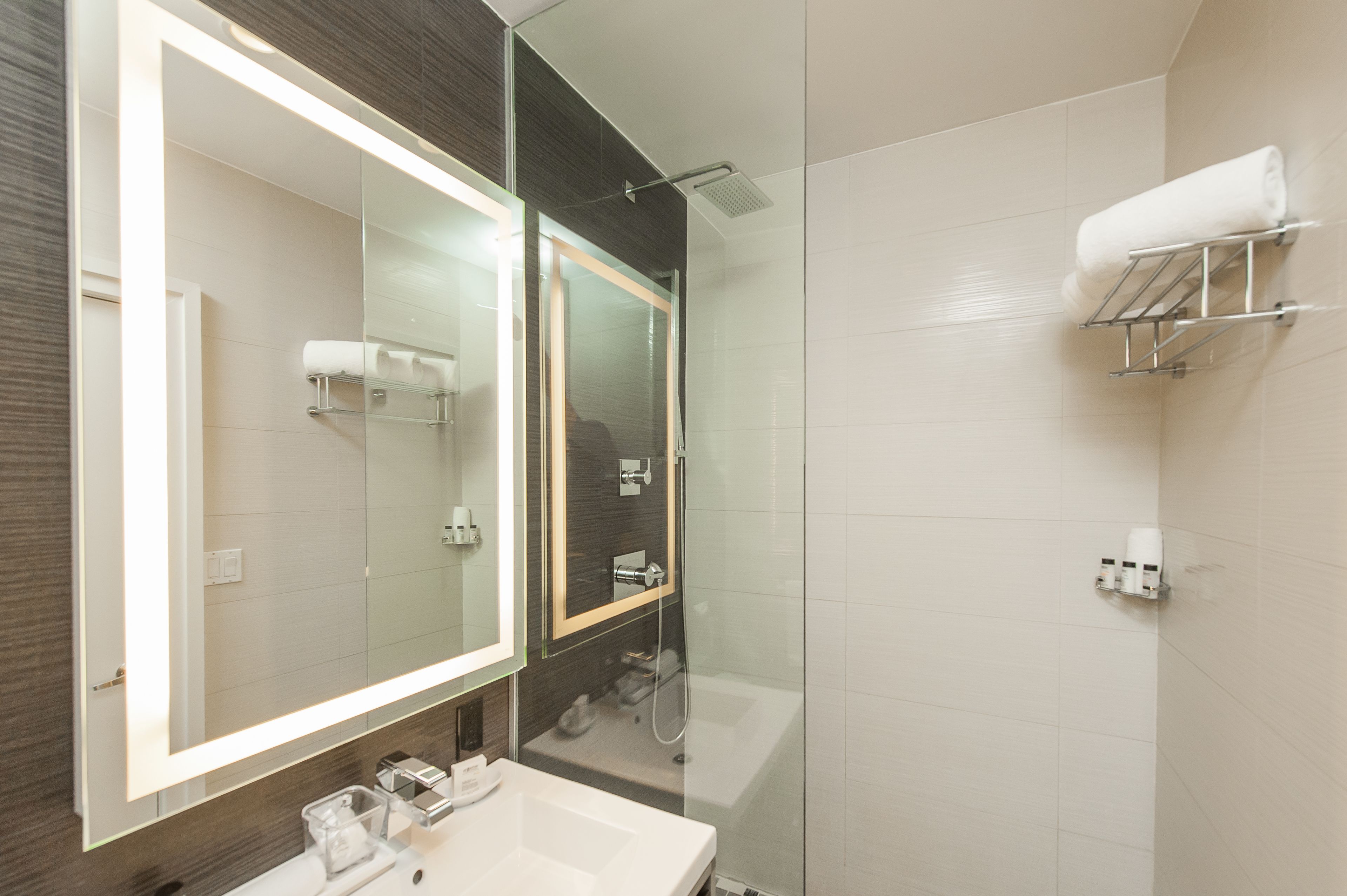 shower, rainfall showerhead, designer toiletries, hair dryer