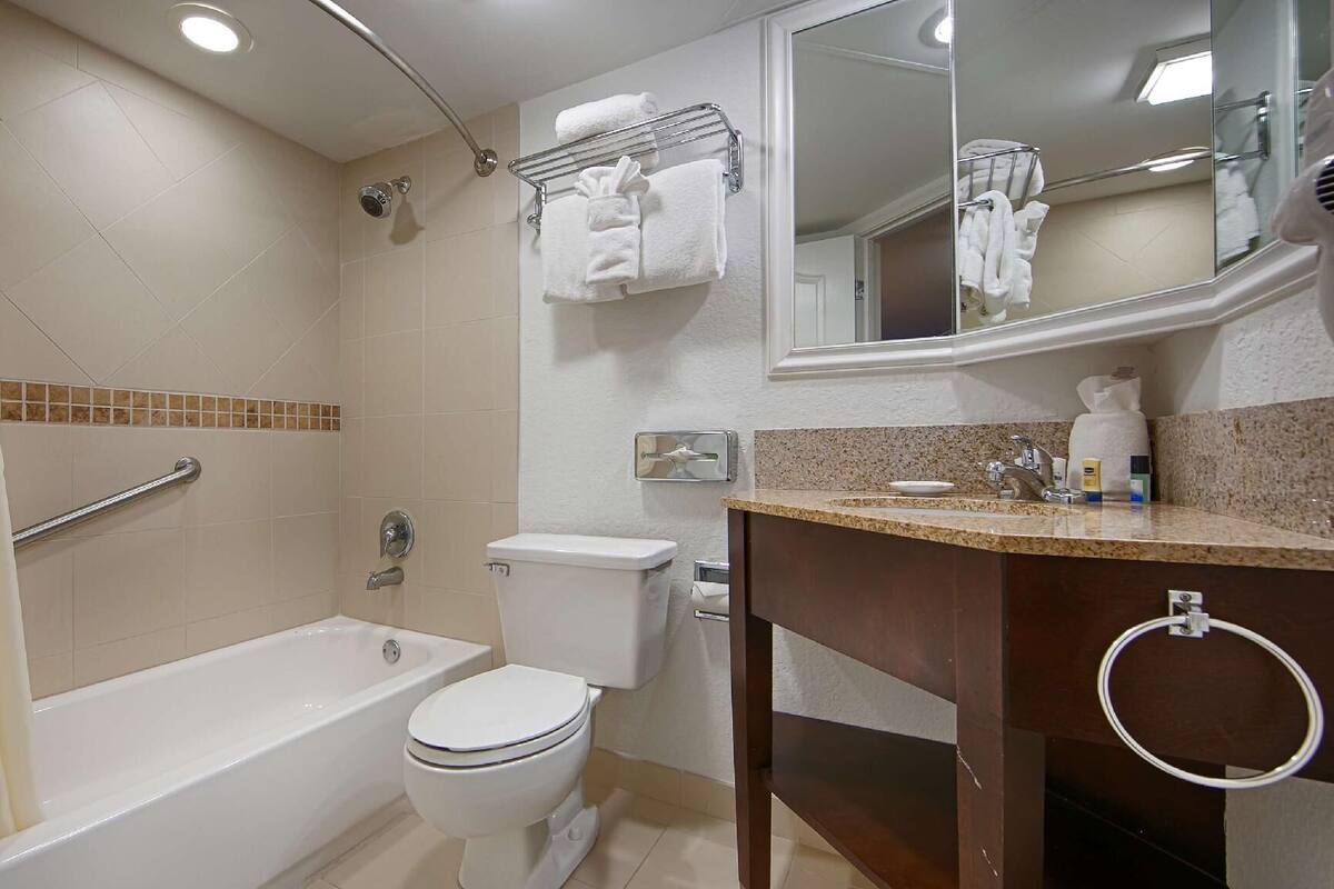 Combined shower/bathtub, free toiletries, hair dryer, towels