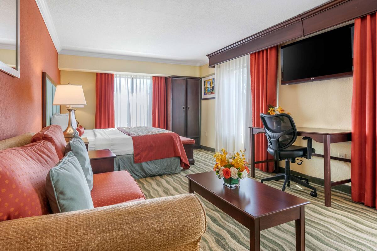 A hotel room with a bed, two sofas, a desk, a chair, a TV, and a window with curtains.