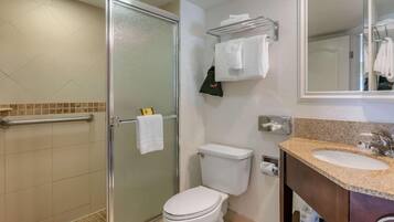 Une salle de bain avec une douche à parois de verre, des toilettes, un lavabo et un miroir.