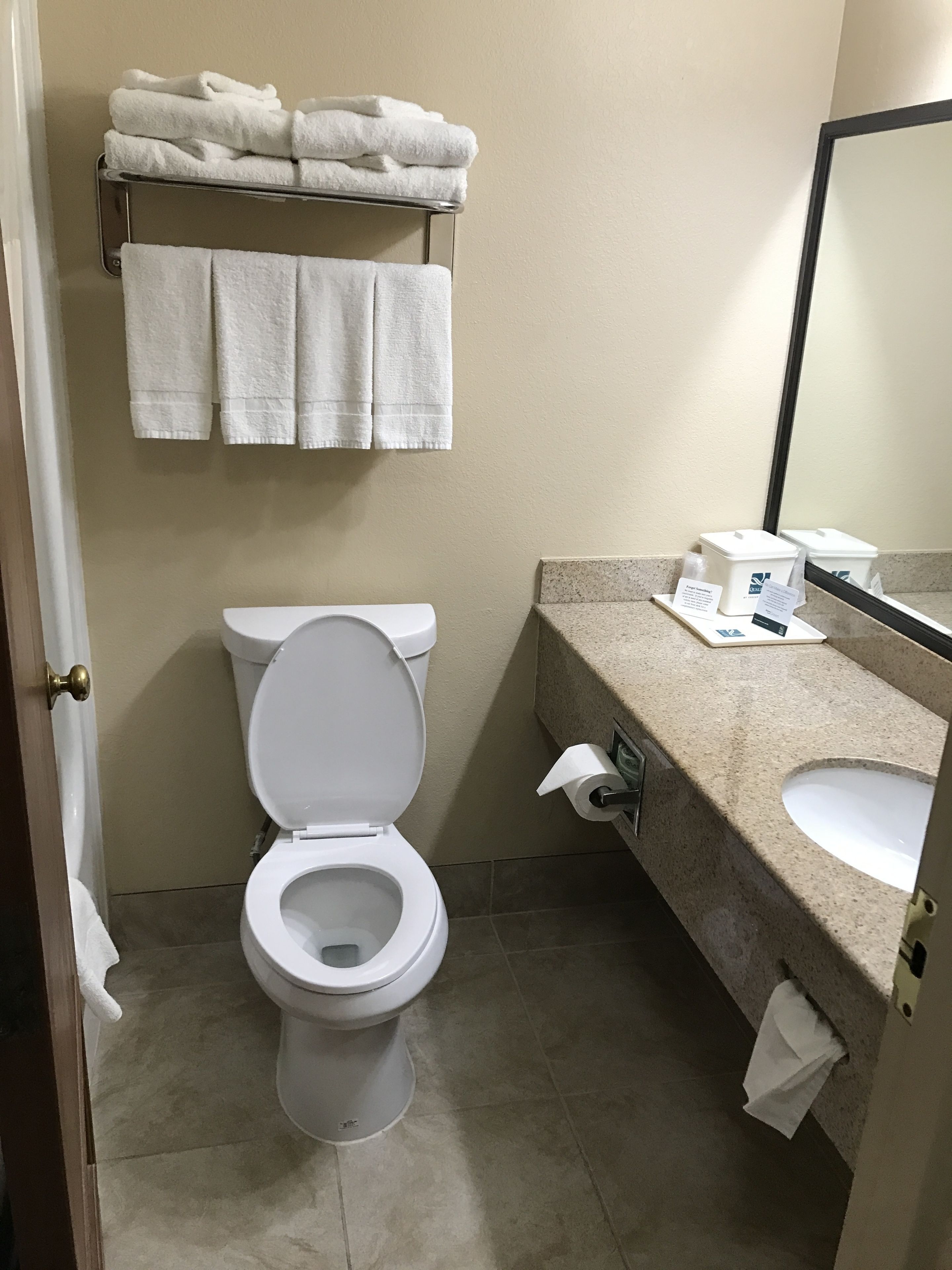 A bathroom with a toilet, a sink, a mirror, and a towel rack with folded towels.