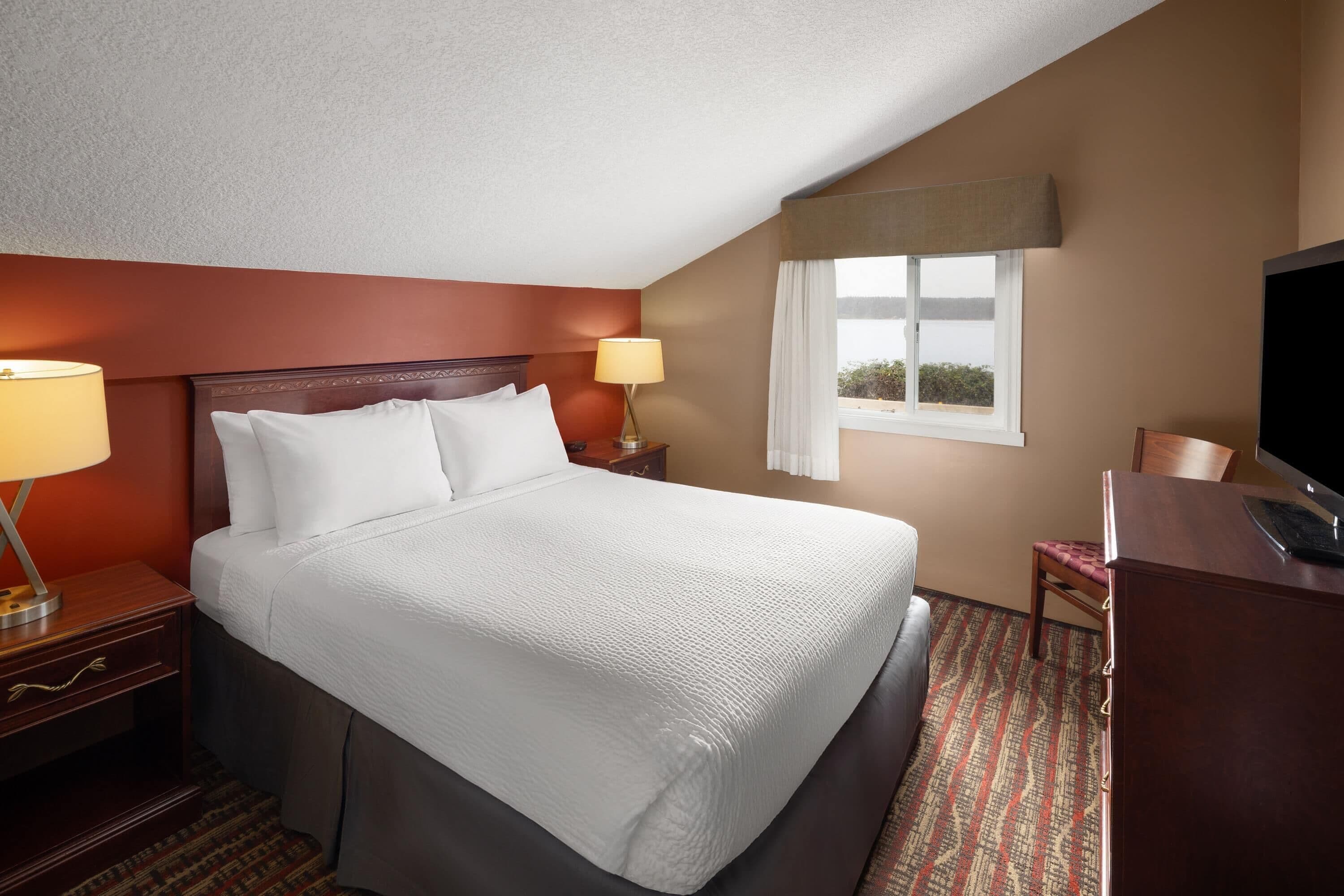 A hotel room with a large bed, a desk with a computer, a TV, and a window with a view of the outdoors.