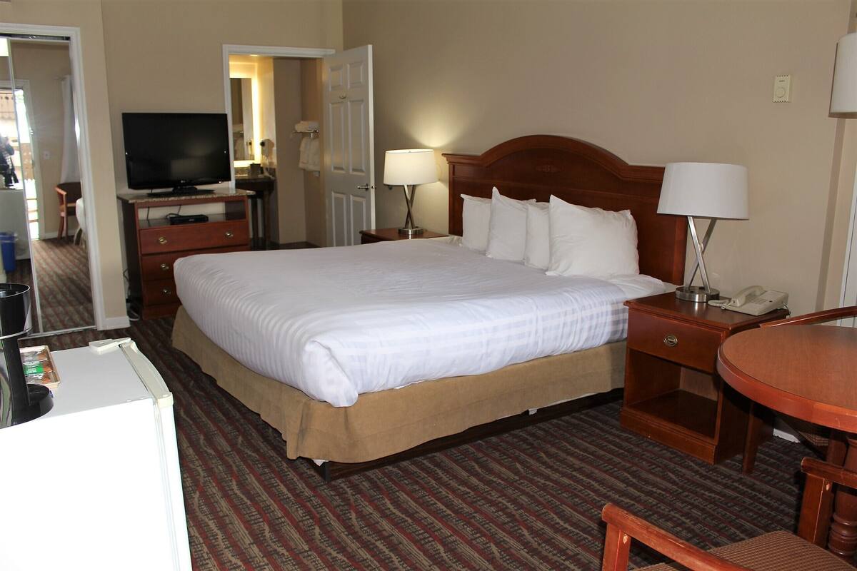 Ein Hotelzimmer mit einem großen Bett, einem Fernseher, einem Nachttisch mit Lampe, einem kleinen Schreibtisch und einem Sessel.