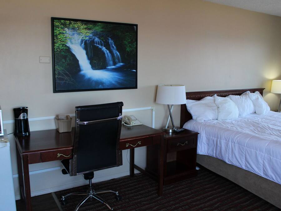 Ein Hotelzimmer mit Bett, Schreibtisch, Stuhl und einem großen Wandbild mit einem Wasserfall.