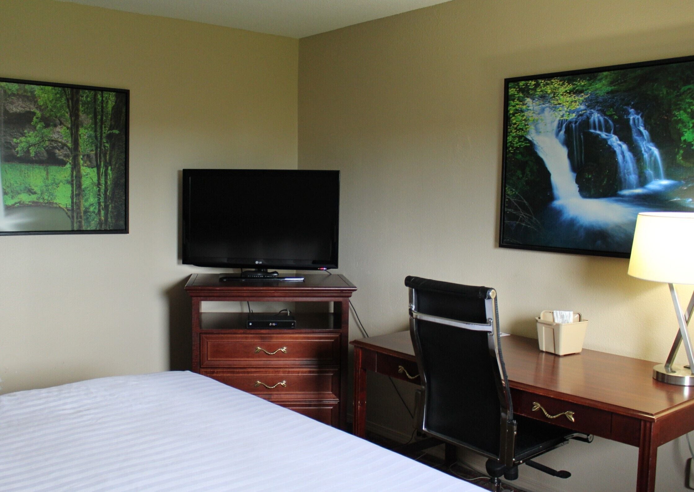 A hotel room with a bed, a desk with a chair, a television, a lamp, and two framed pictures on the walls.