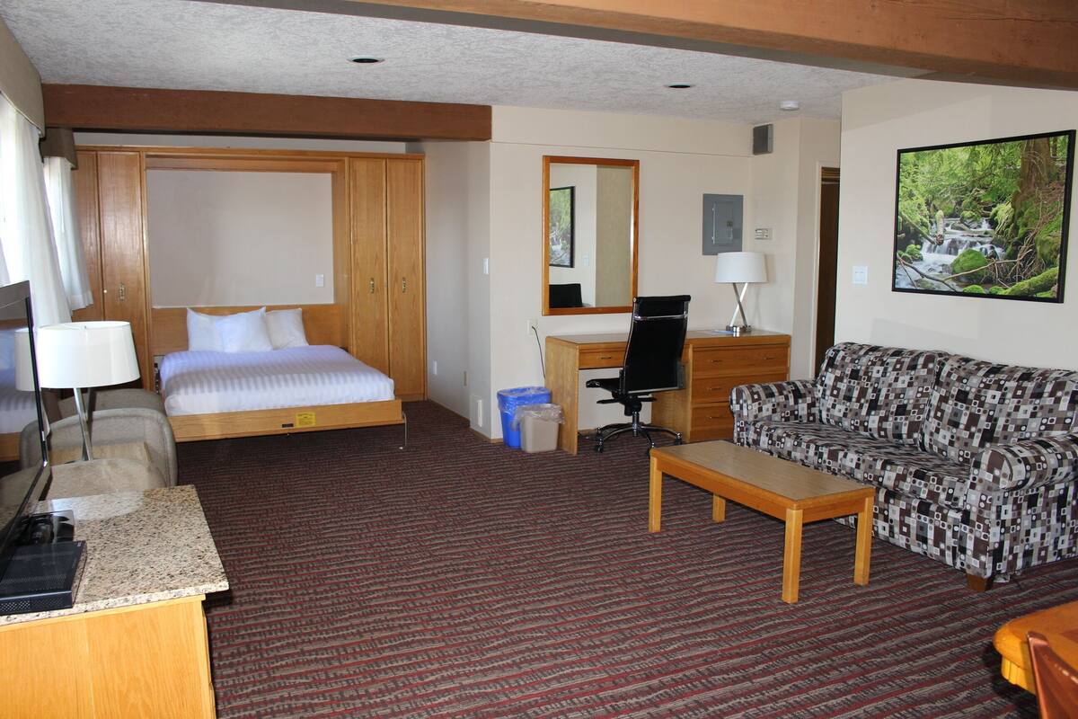 Ein Hotelzimmer mit Bett, Schreibtisch, Stuhl, Sofa und Fernseher.