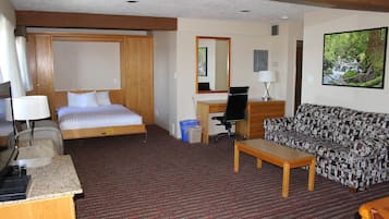 Una habitación de hotel con cama, escritorio, silla, sofá y televisor.