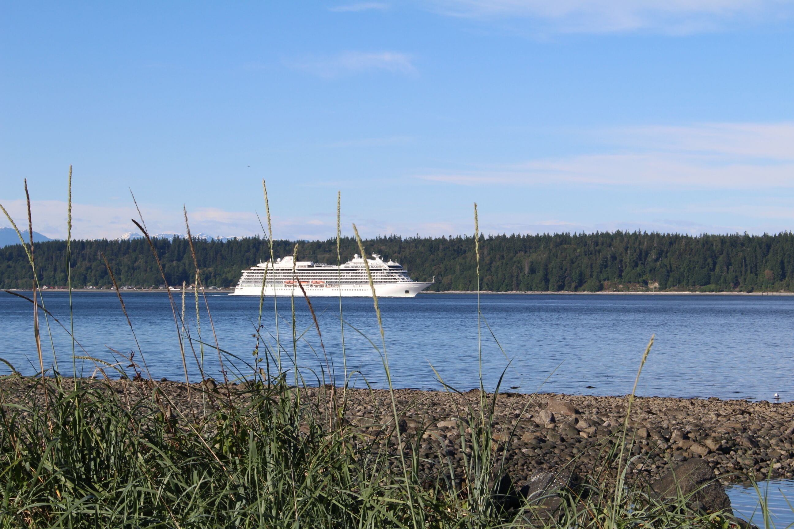 Un navire de croisière sur une étendue d’eau calme, avec une côte boisée en arrière-plan.