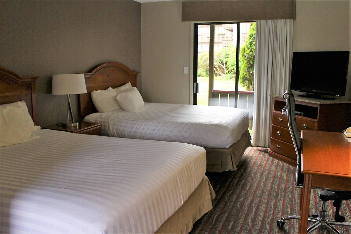 Ein Hotelzimmer mit zwei Betten, einem Schreibtisch, einem Sessel, einem Fernseher und Blick auf Grün.