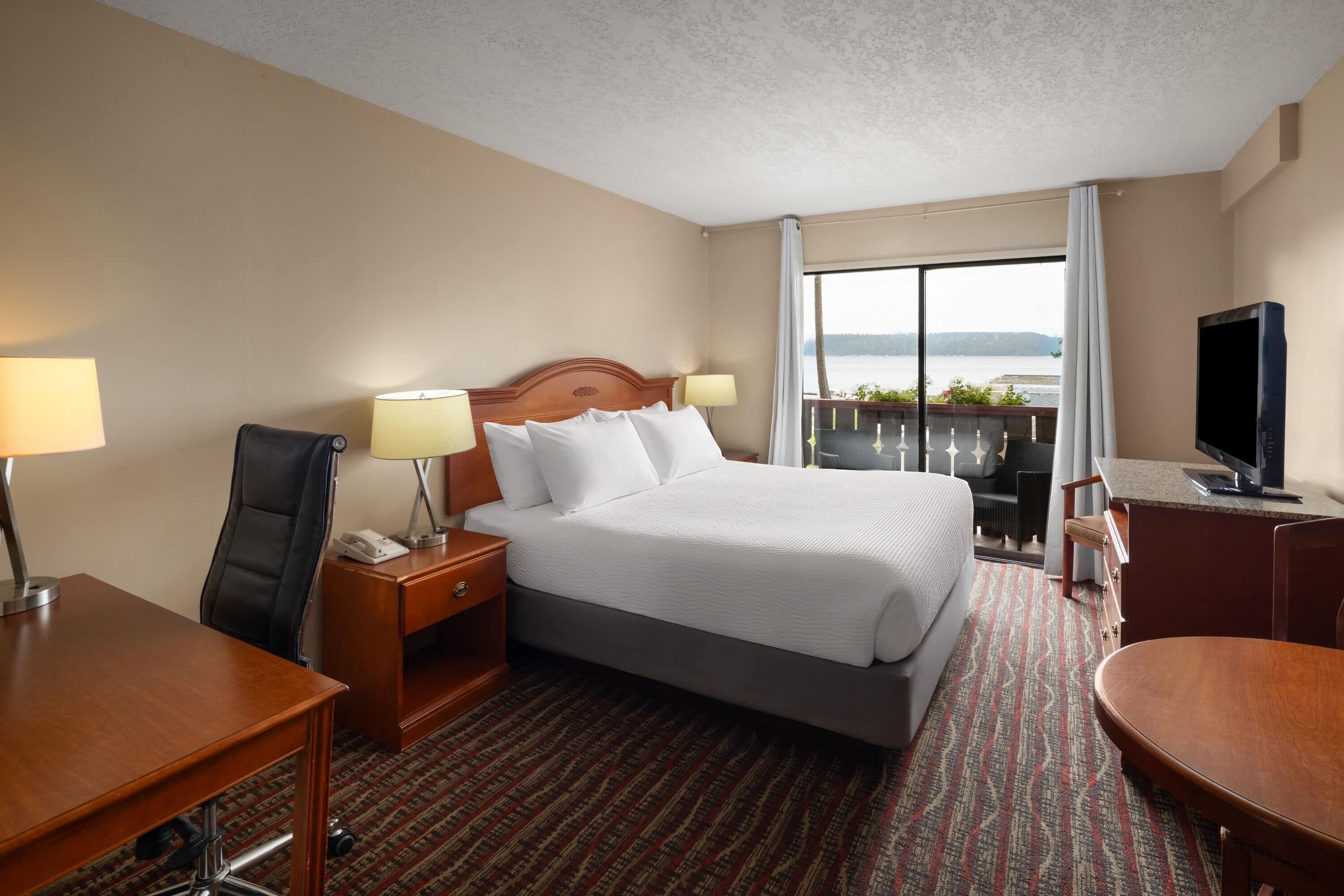 A hotel room with a bed, a desk, a chair, a television, and a view of the outdoors.