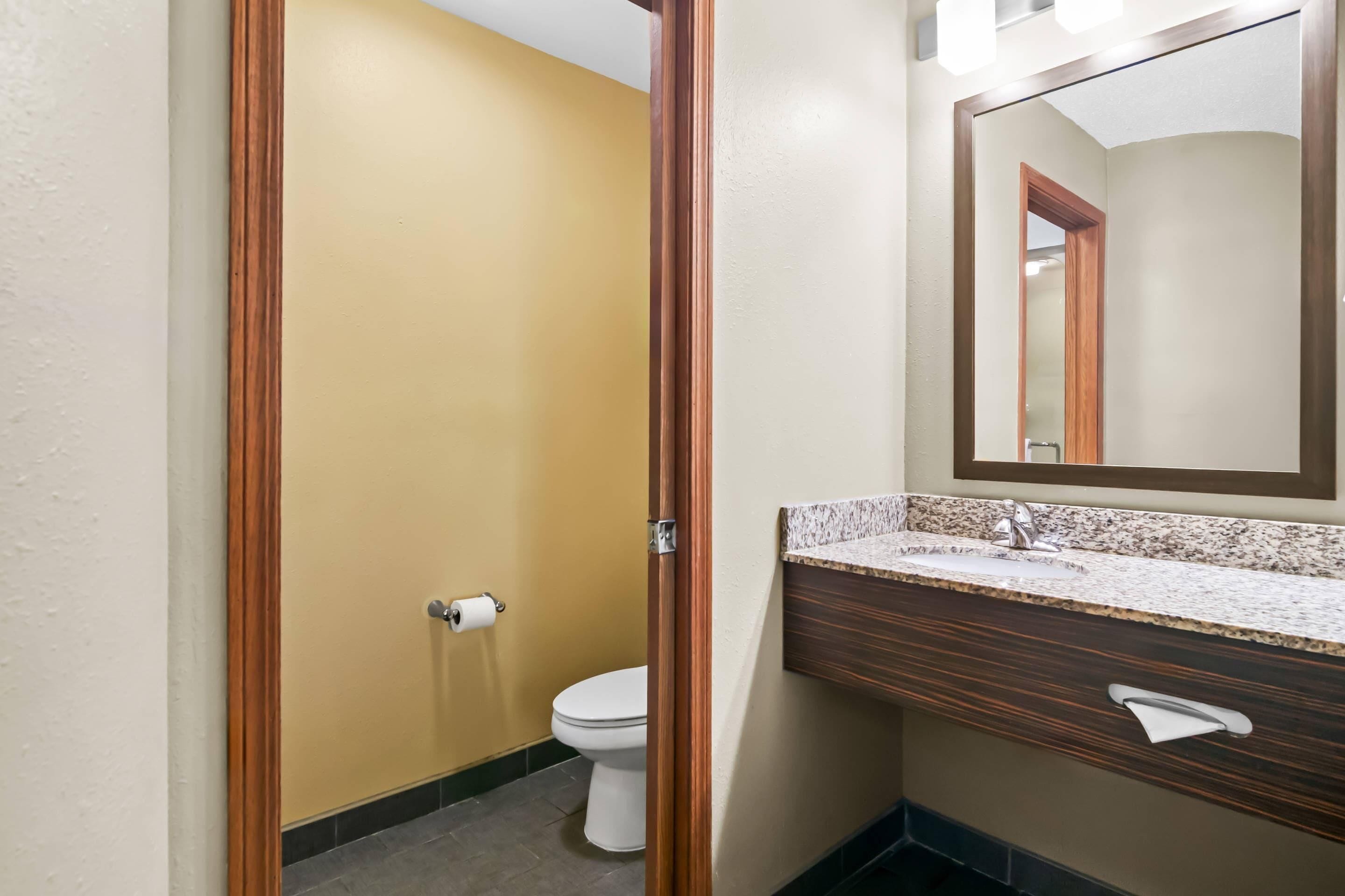 Un baño con inodoro, lavamanos de granito e iluminación sobre el espejo.