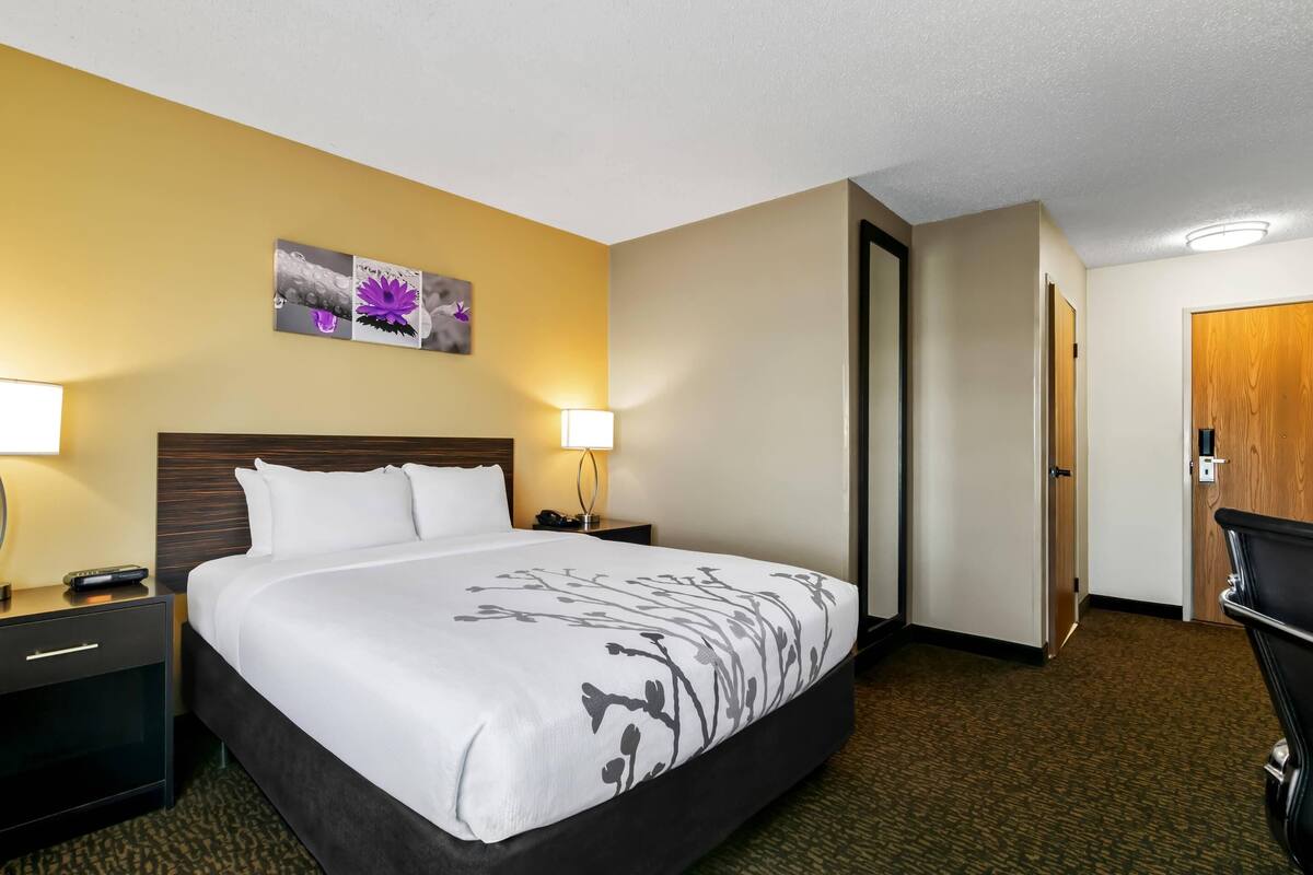 A hotel room with a large bed, two bedside tables with lamps, a wooden headboard, a wall-mounted artwork, and a door to the right.